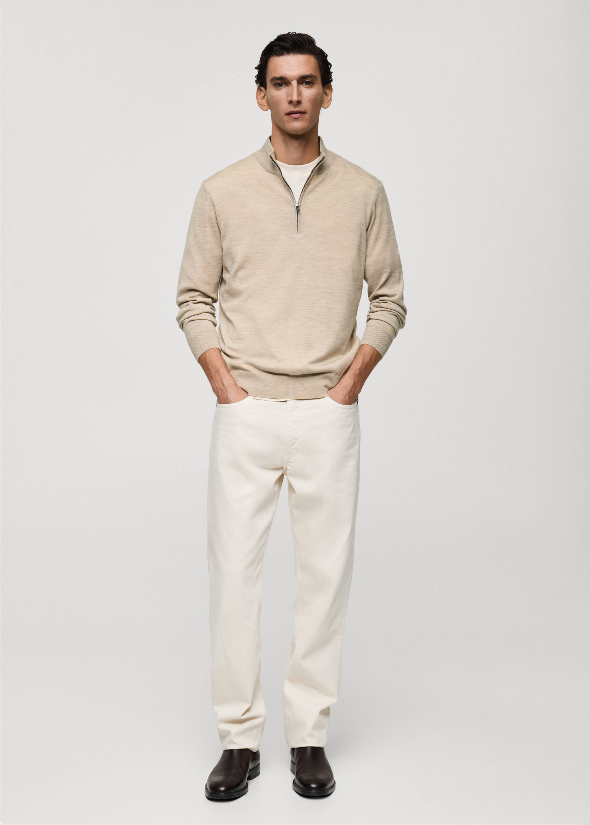 100% merino wool perkins-neck sweater with zip - General plane