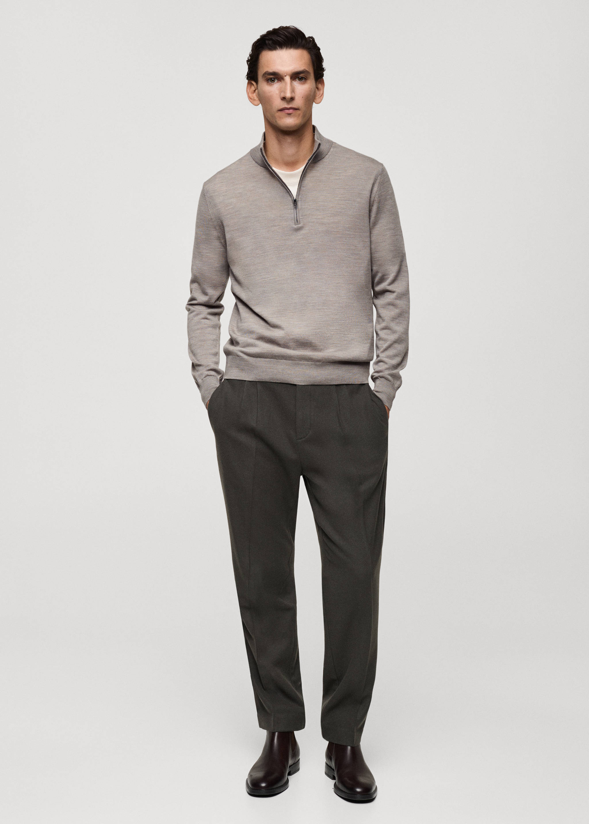 100% merino wool perkins-neck sweater with zip - General plane