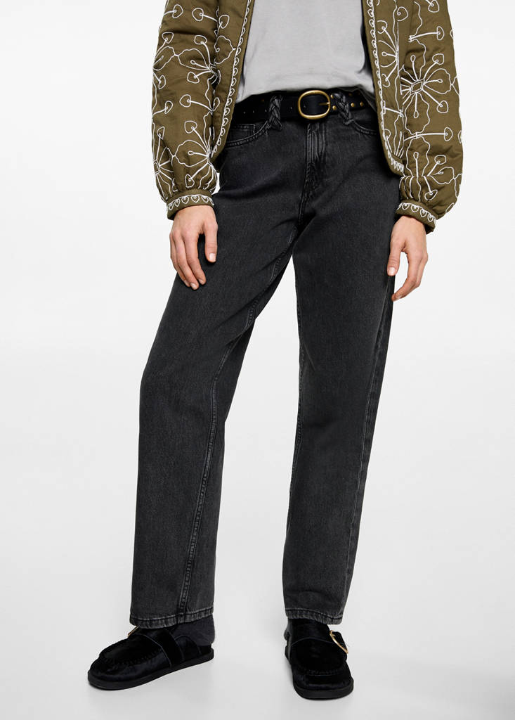 Straight-fit jeans with braided belt loops — Black denim