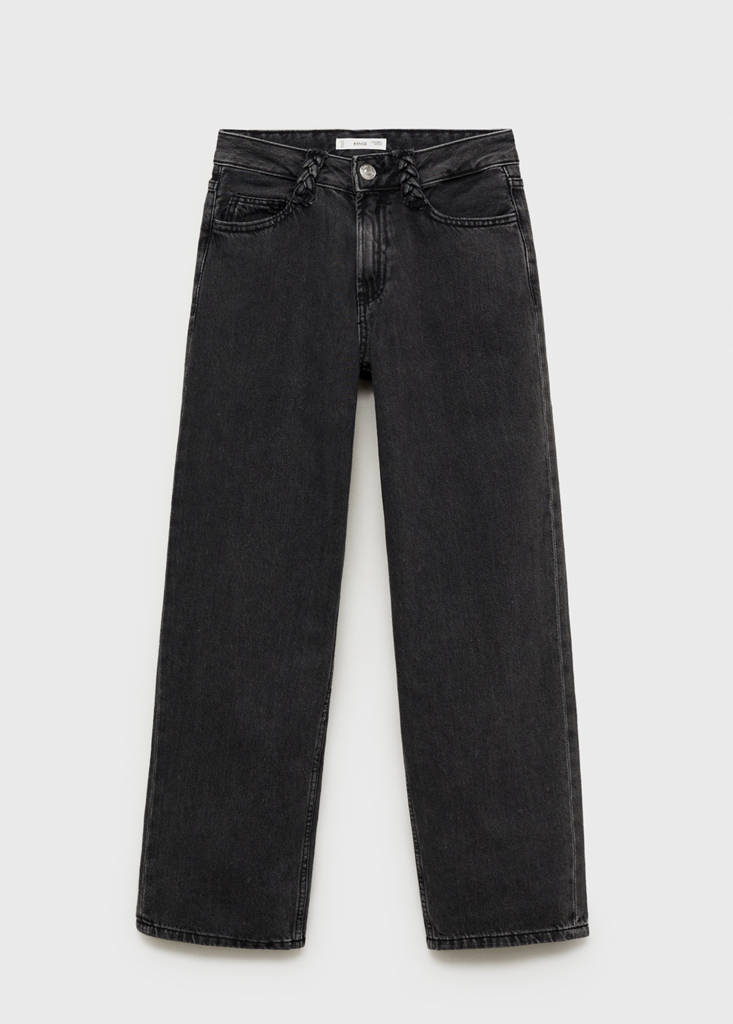 Straight-fit jeans with braided belt loops — Black denim