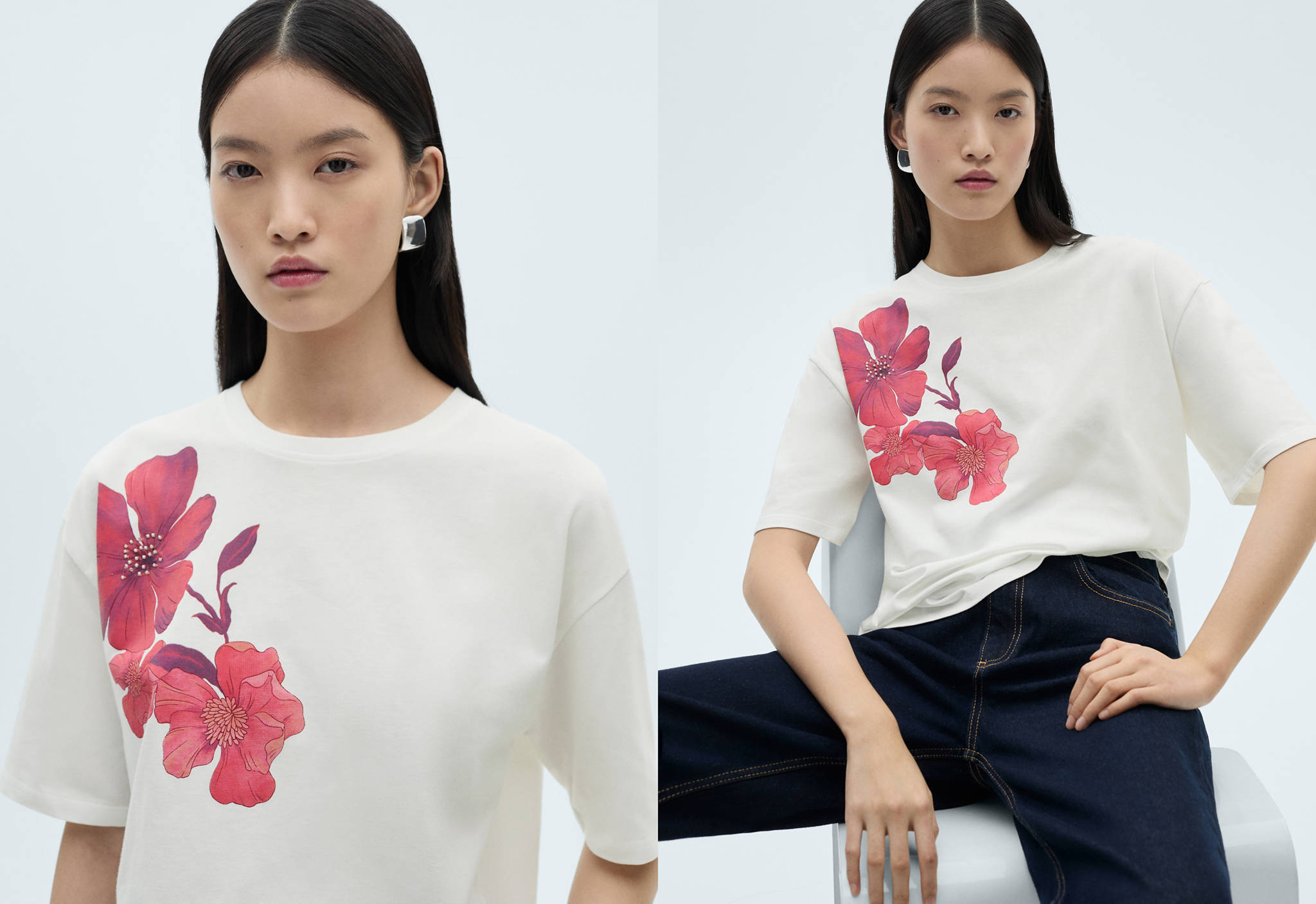 T-shirt coton détail fleur - Plan panoramique