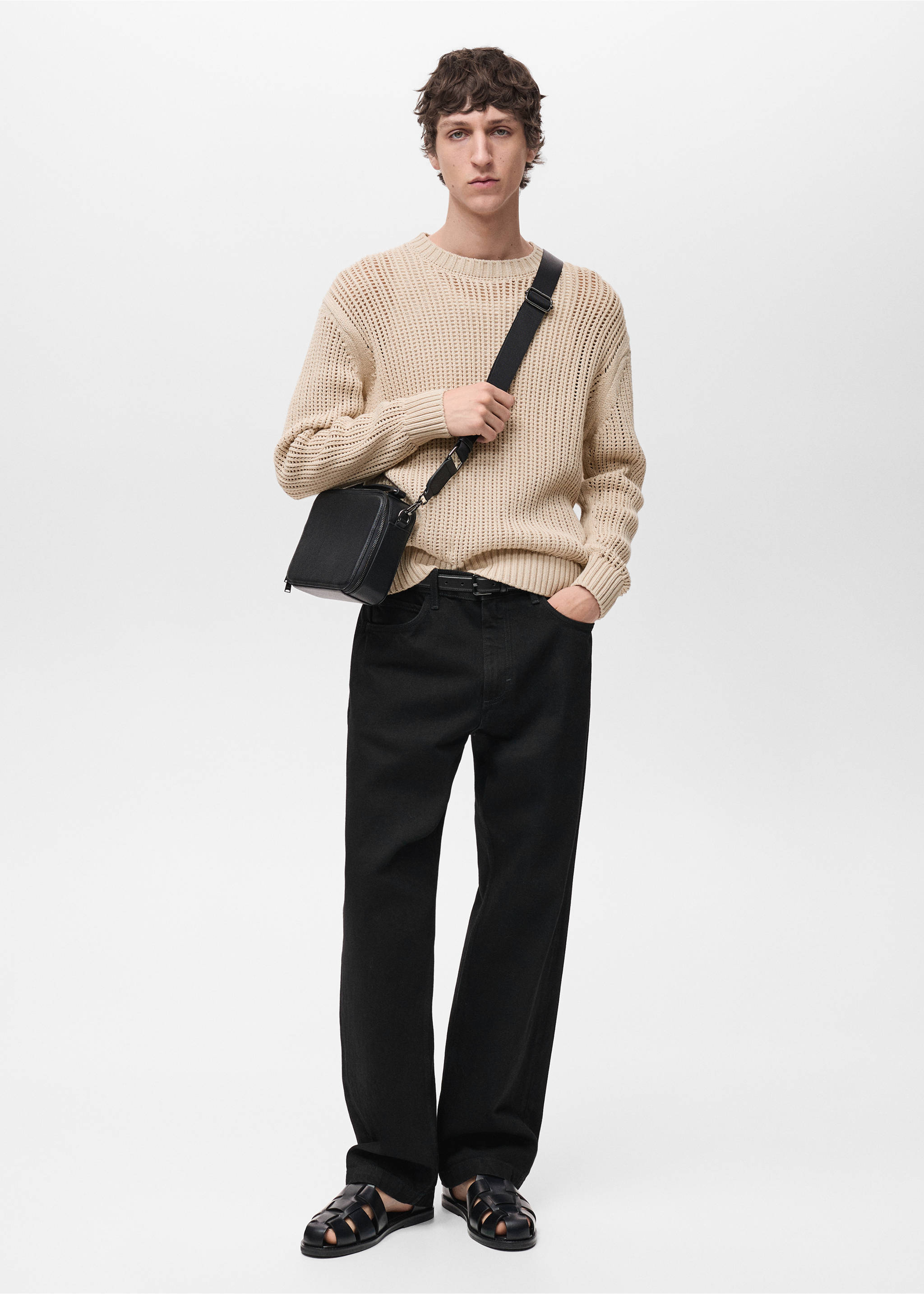 100% cotton knitted sweater with lace design - General plane, Beige. Ref: 87004414-00.