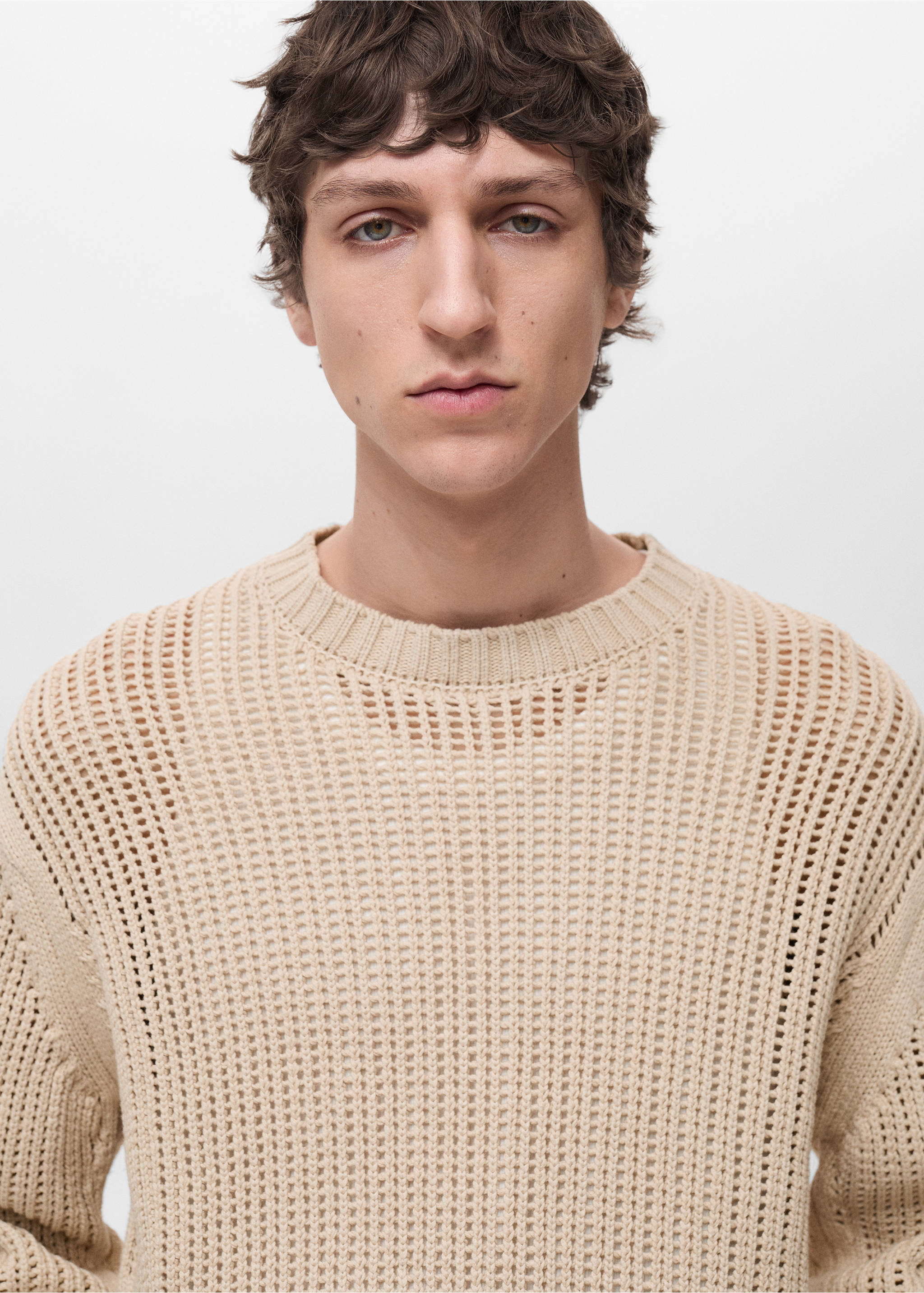 100% cotton knitted sweater with lace design - Details of the article 1, Beige. Ref: 87004414-00.