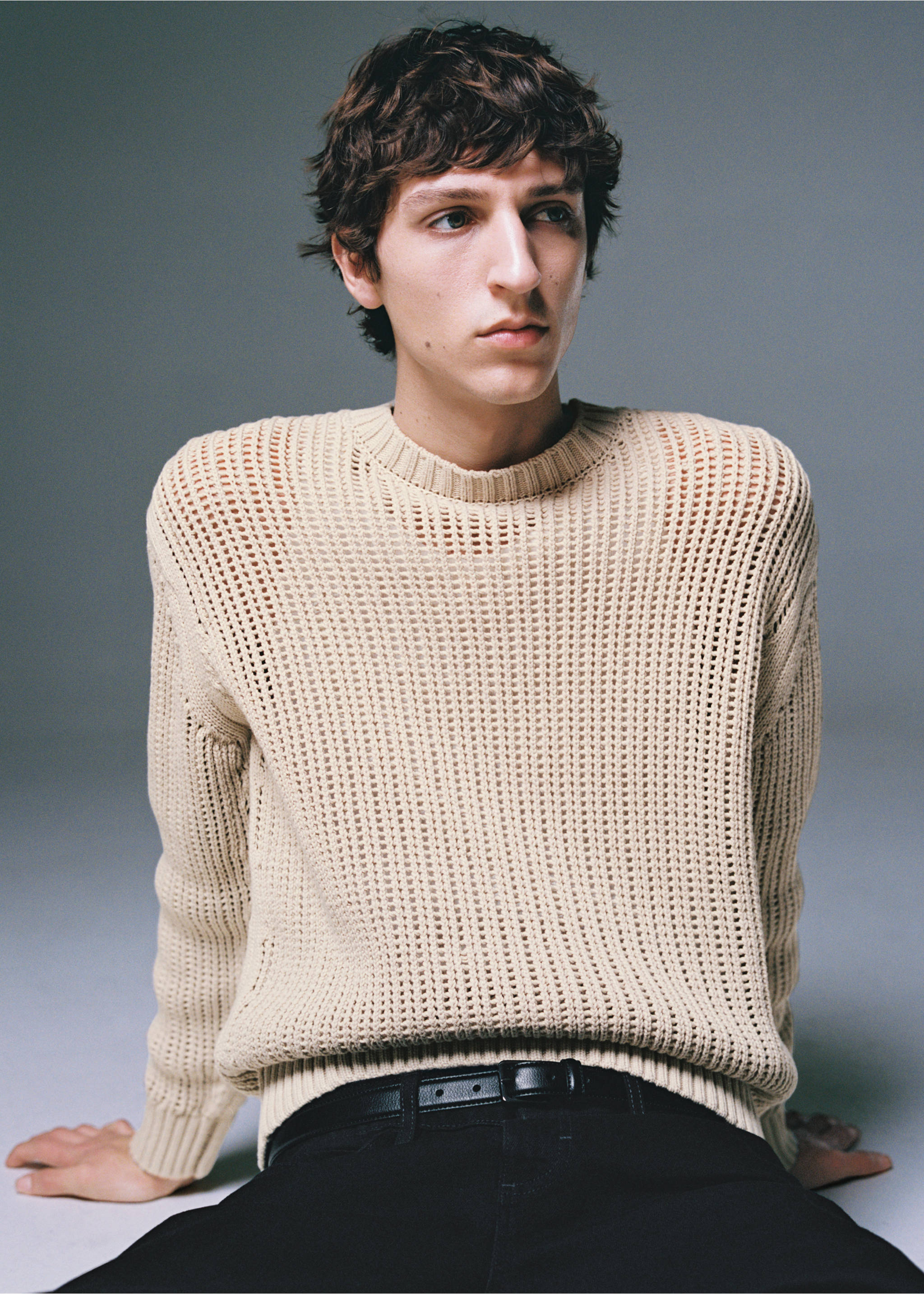 100% cotton knitted sweater with lace design - Details of the article 3, Beige. Ref: 87004414-00.