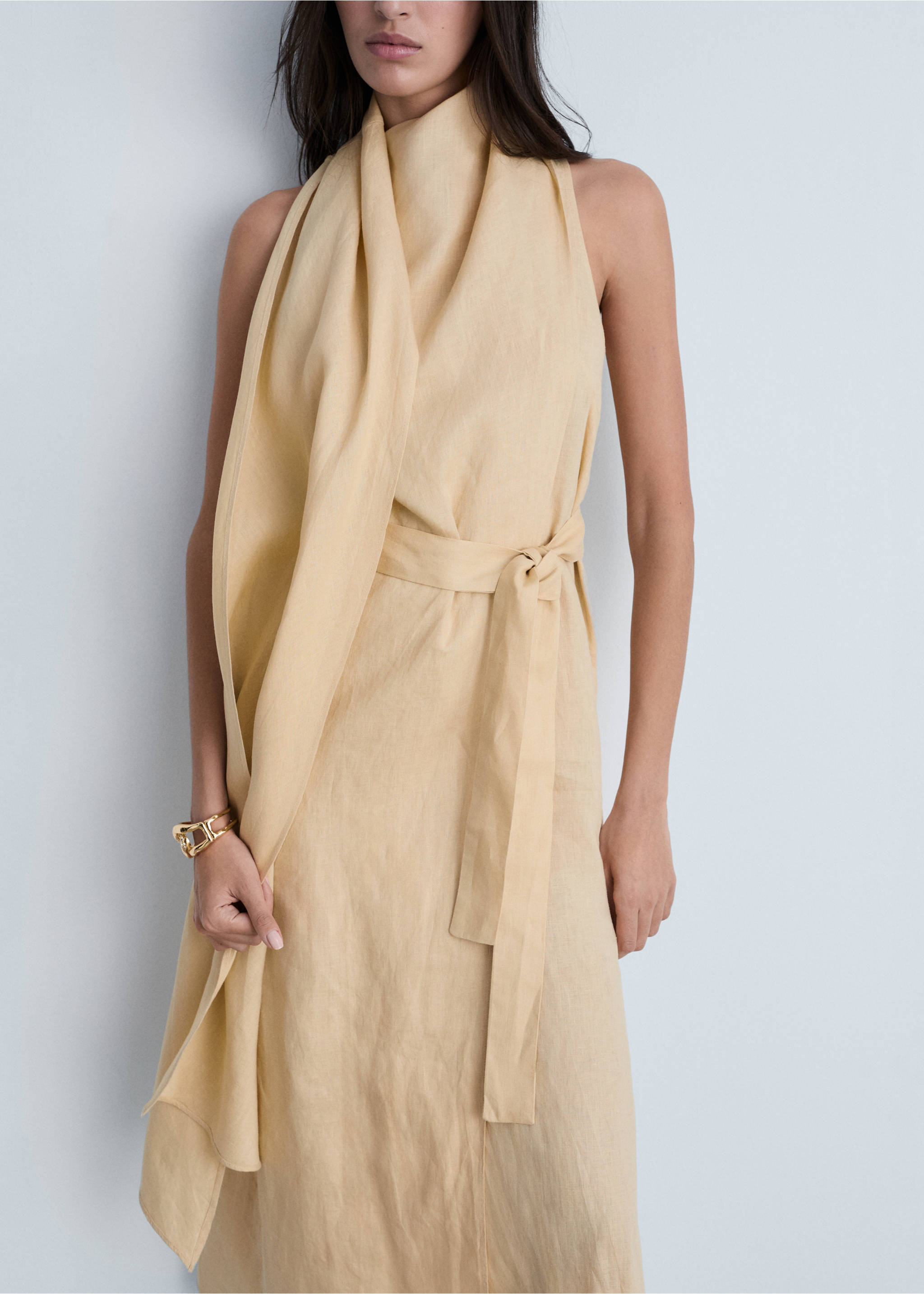 Pale yellow sleeveless midi dress with a draped high neckline and a matching tie belt., Sand. Ref: 87004783-00.