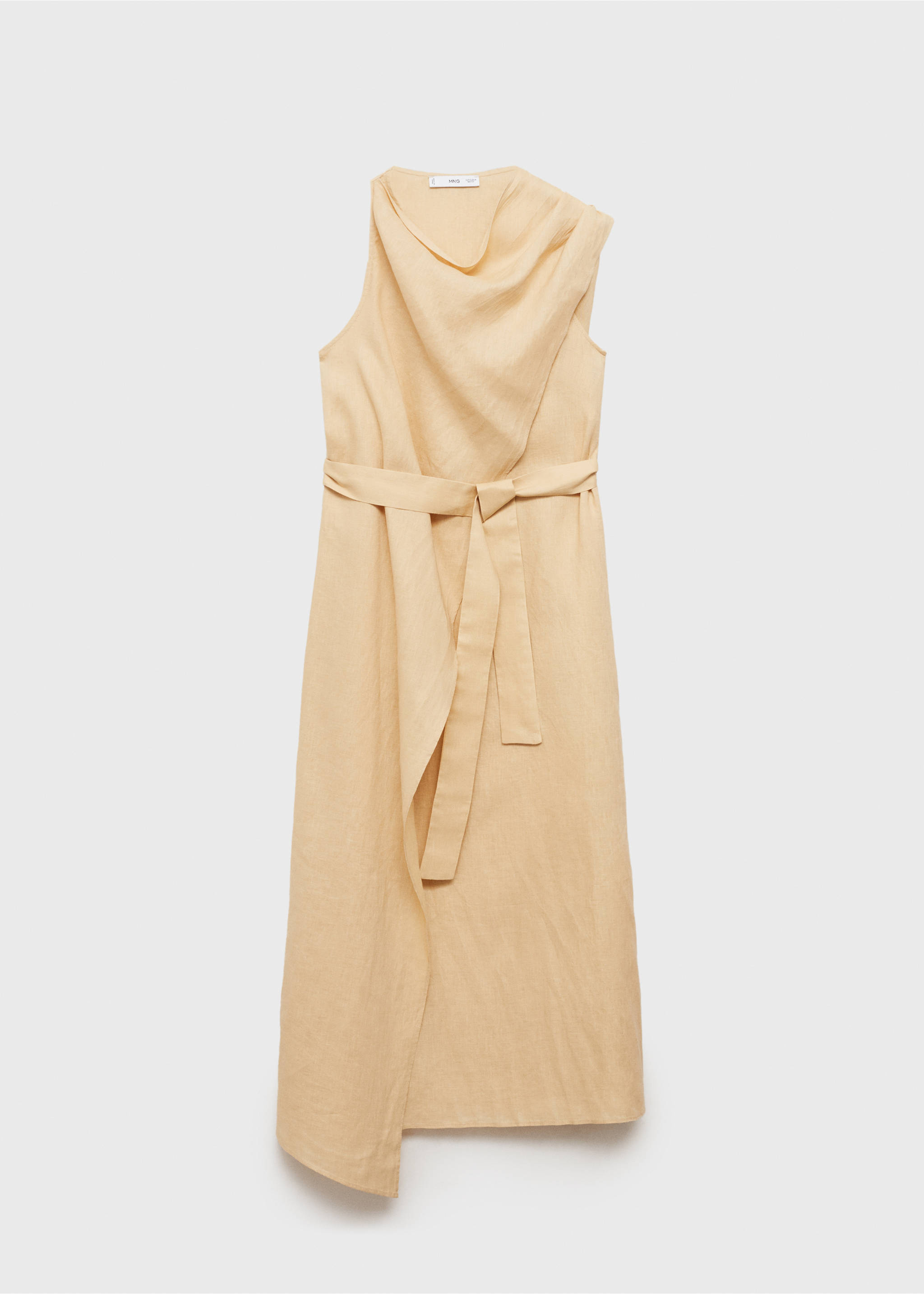 Light beige sleeveless midi dress with asymmetrical draped neckline and waist tie., Sand. Ref: 87004783-00.
