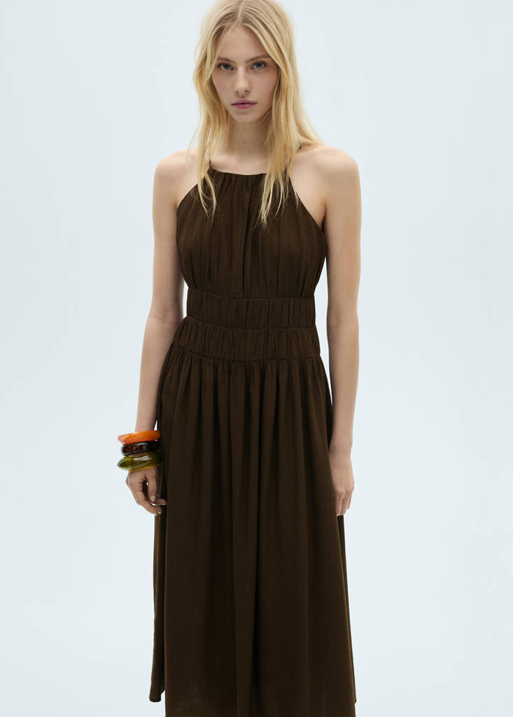 Midi-dress with gathered waist — Brown
