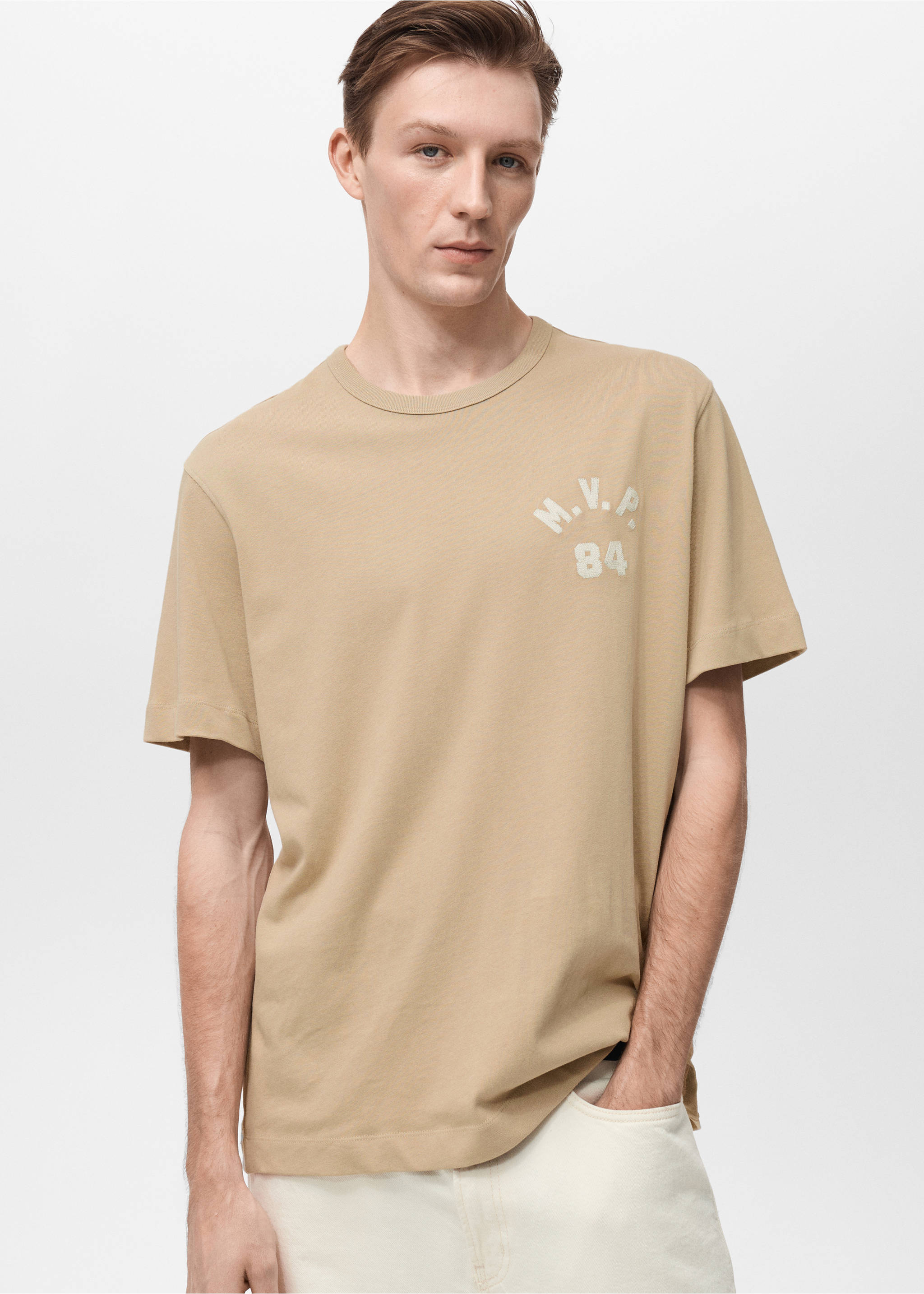 Katoenen T-shirt met geborduurd detail - Middenvlak, Open beige. Ref: 87005945-00.