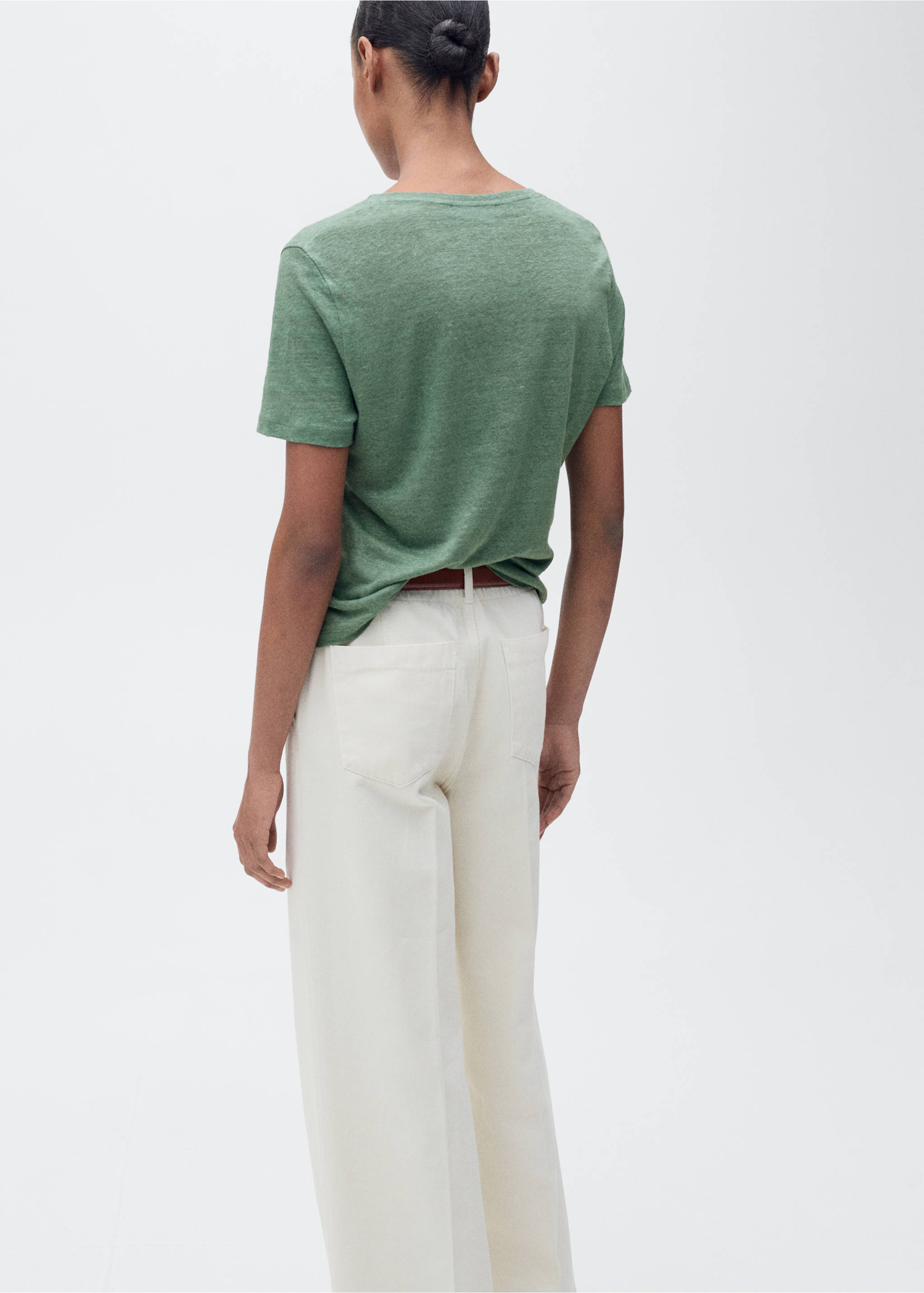 T-shirt lin col V - Verso de l’article, Vert. Ref: 87006367-00.