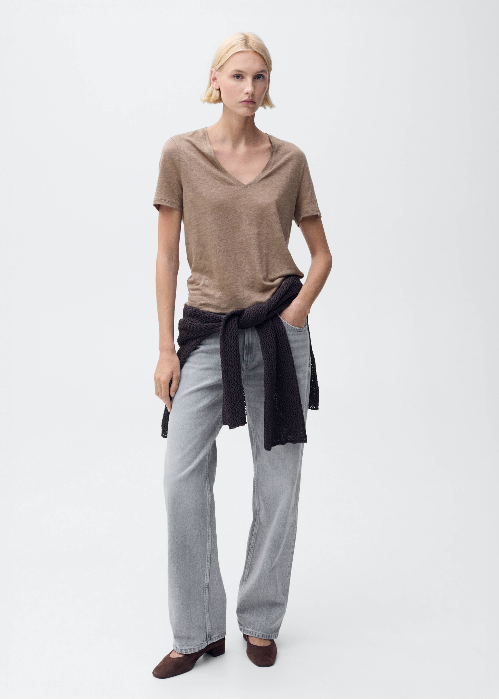 T-shirt lin col V - Plan général, Marron clair/pastel. Ref: 87006367-00.