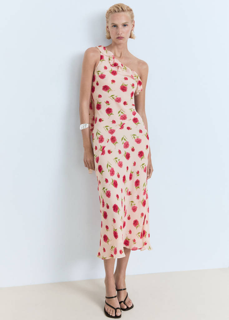 MANGO - Robe à fleurs volantée écru - XS