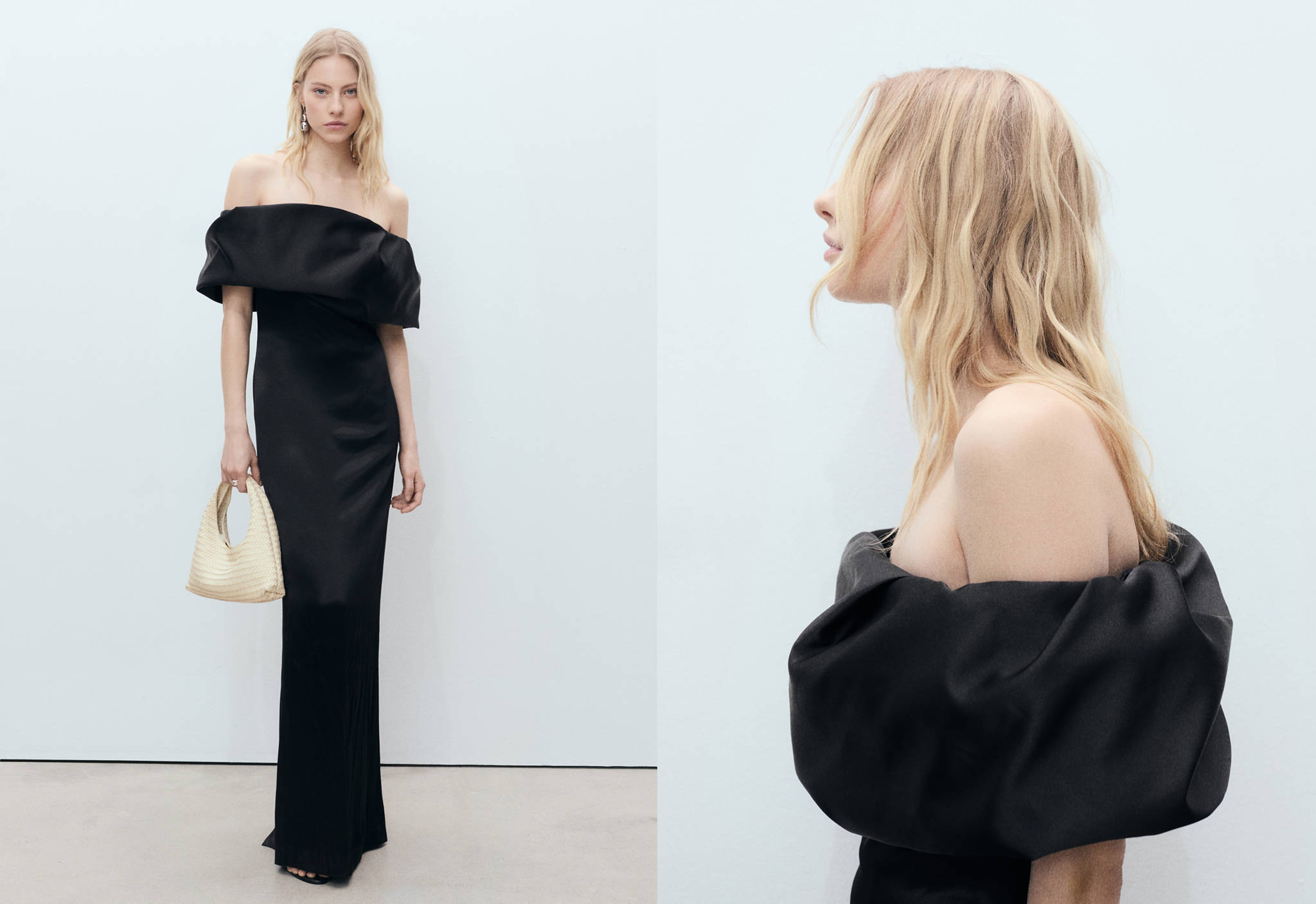Satin dress with open shoulders and volume - Panoramic plane