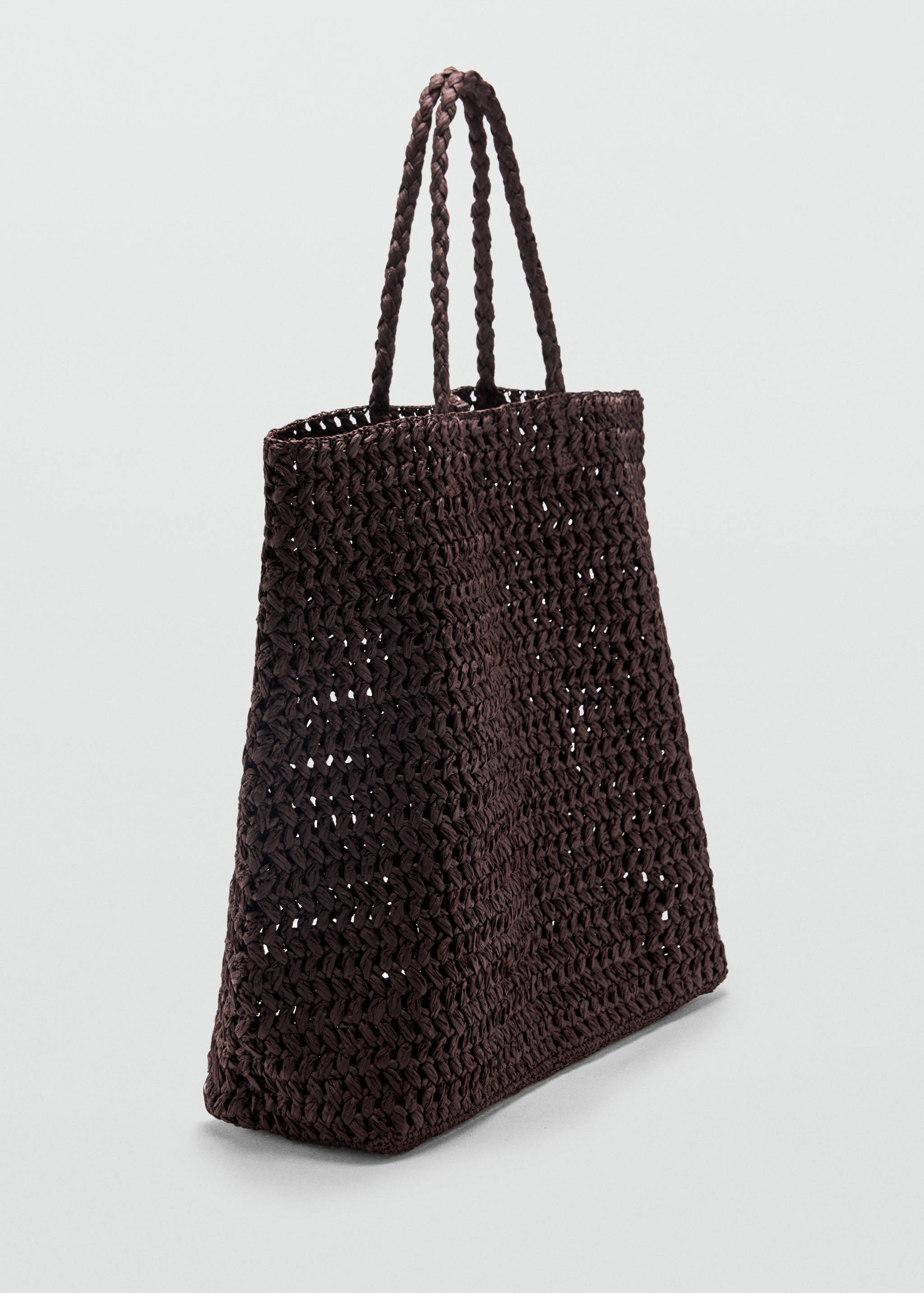 Dark brown woven tote bag with braided shoulder straps.
