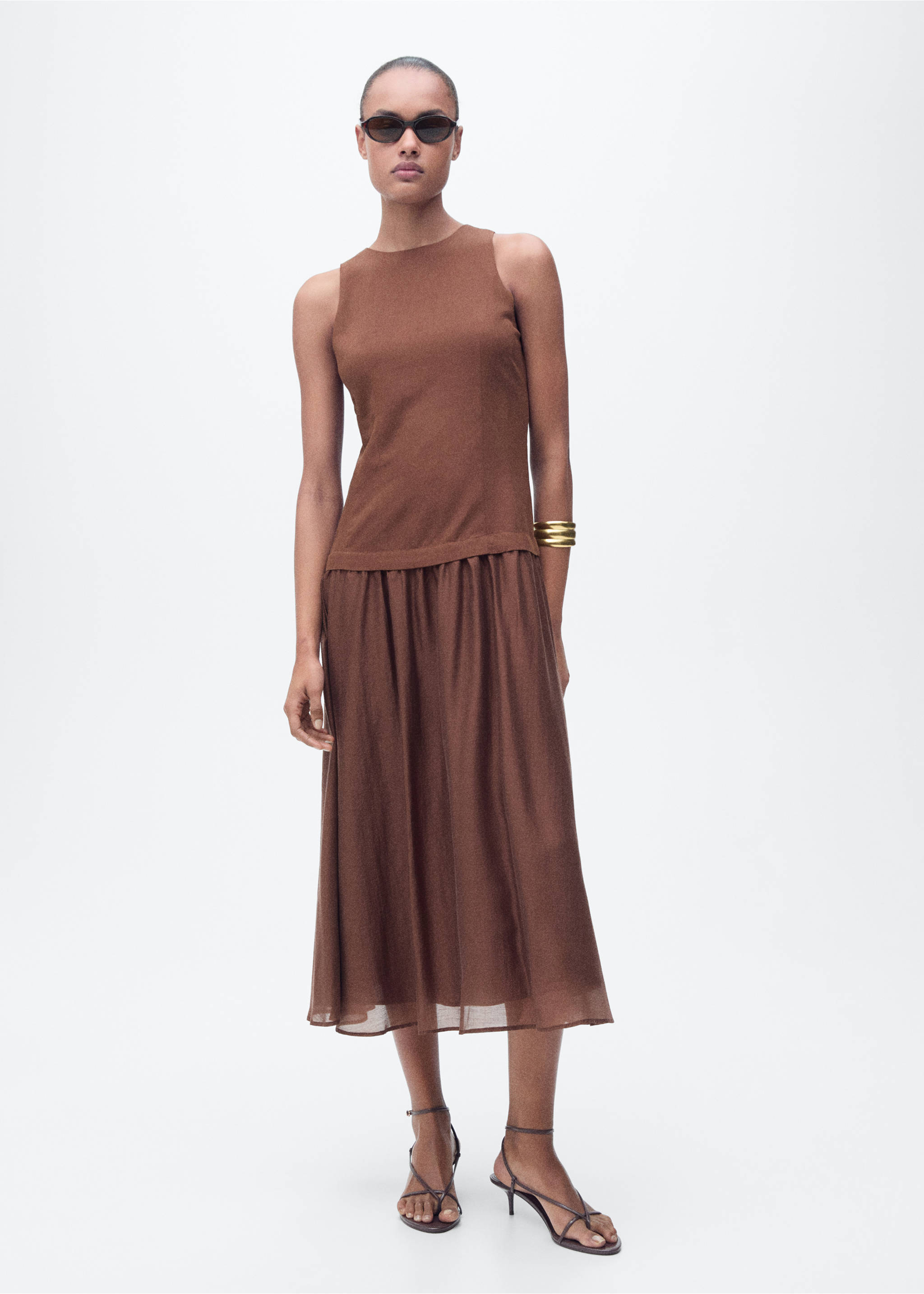 Brown sleeveless knit midi dress with a rounded neckline and gathered skirt., Brown. Ref: 87007192-00.