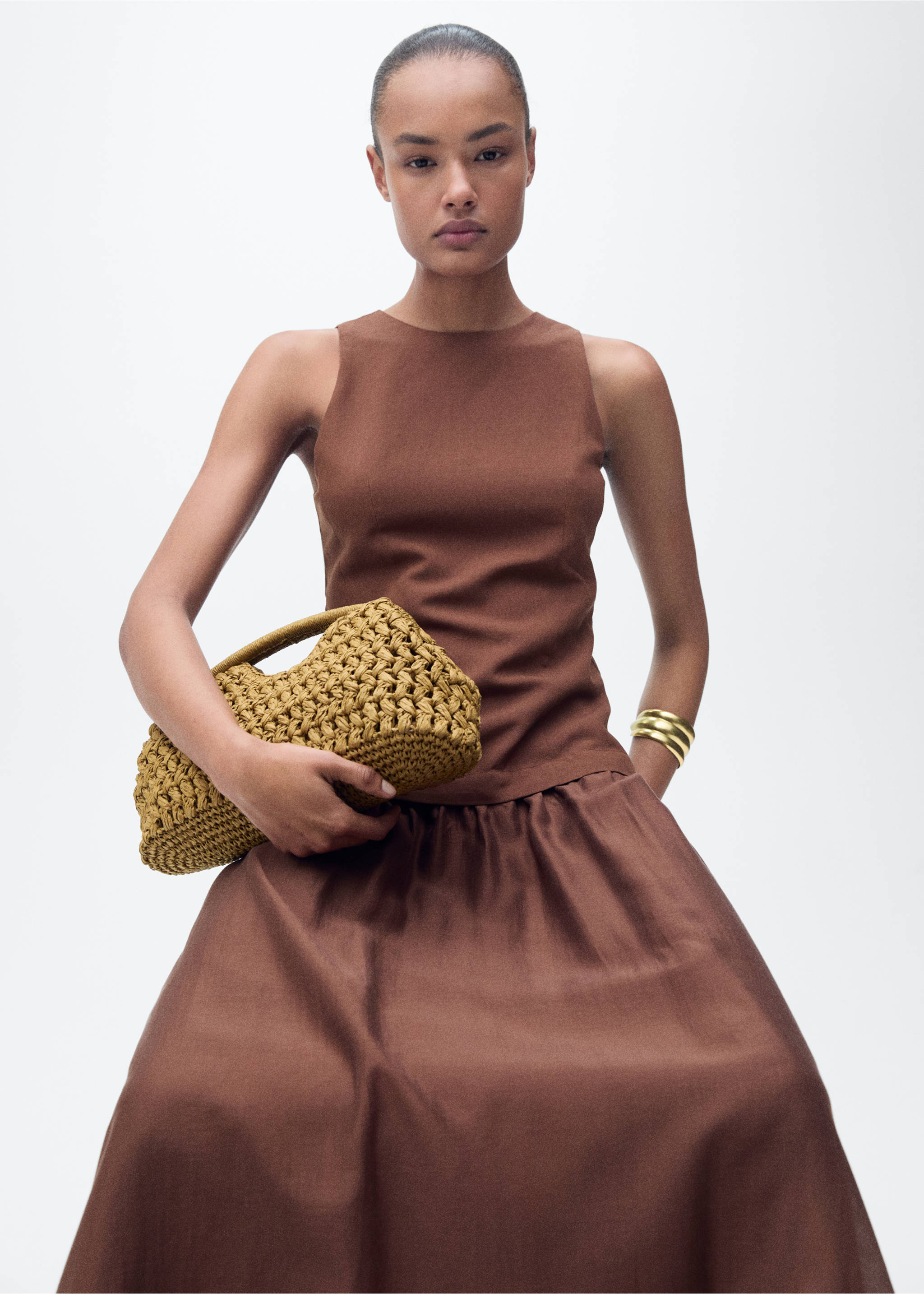 Brown sleeveless midi dress with a round neckline and a flared skirt., Brown. Ref: 87007192-00.