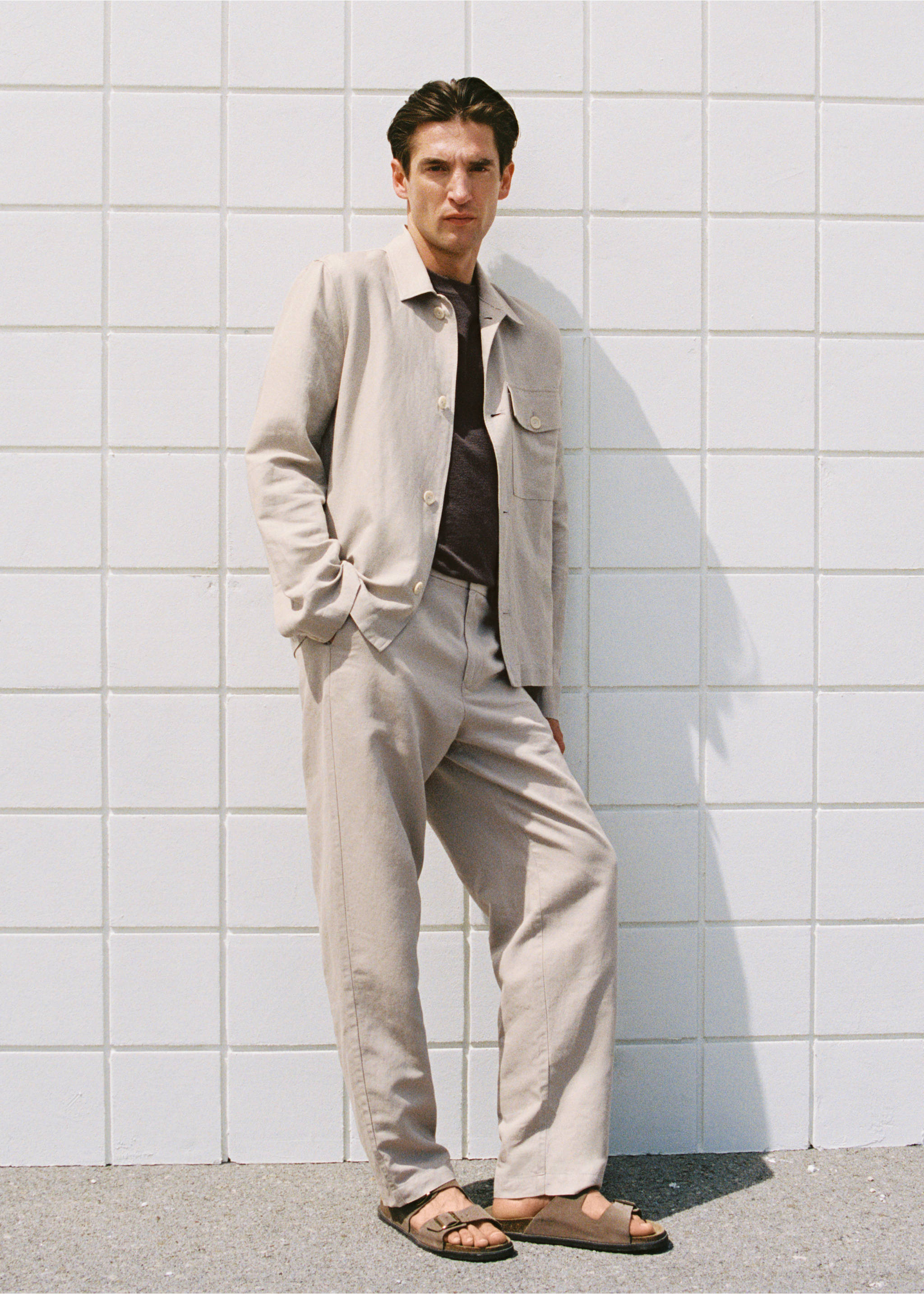 Linnen regular-fit broek - Detail van het artikel 5, Zand. Ref: 87007891-00.