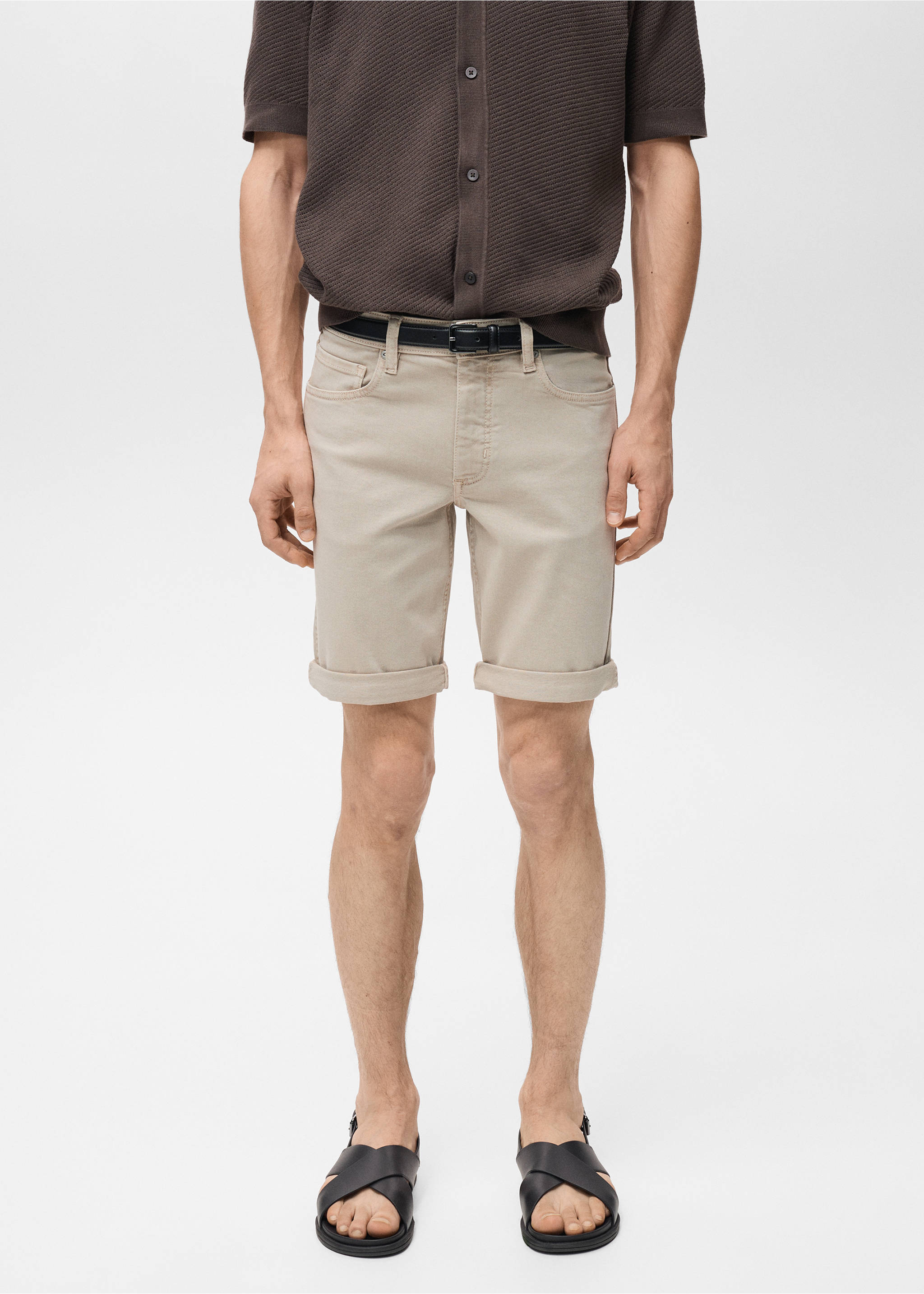 Beige bermuda shorts with cuffed hems and five-pocket styling., Sand. Ref: 87007893-00.