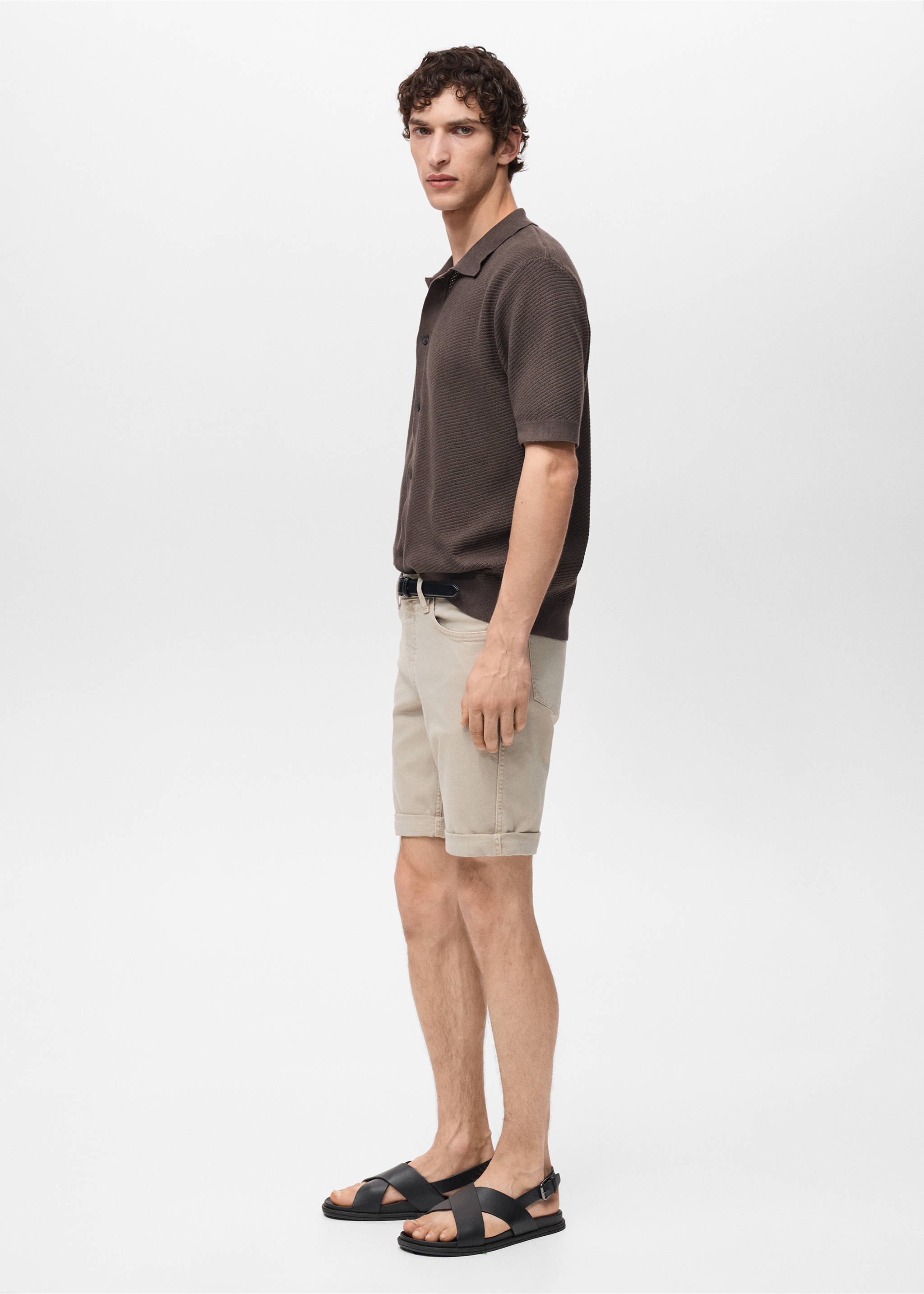 Beige bermuda shorts with cuffed hems, styled with a brown polo shirt, Sand. Ref: 87007893-00.