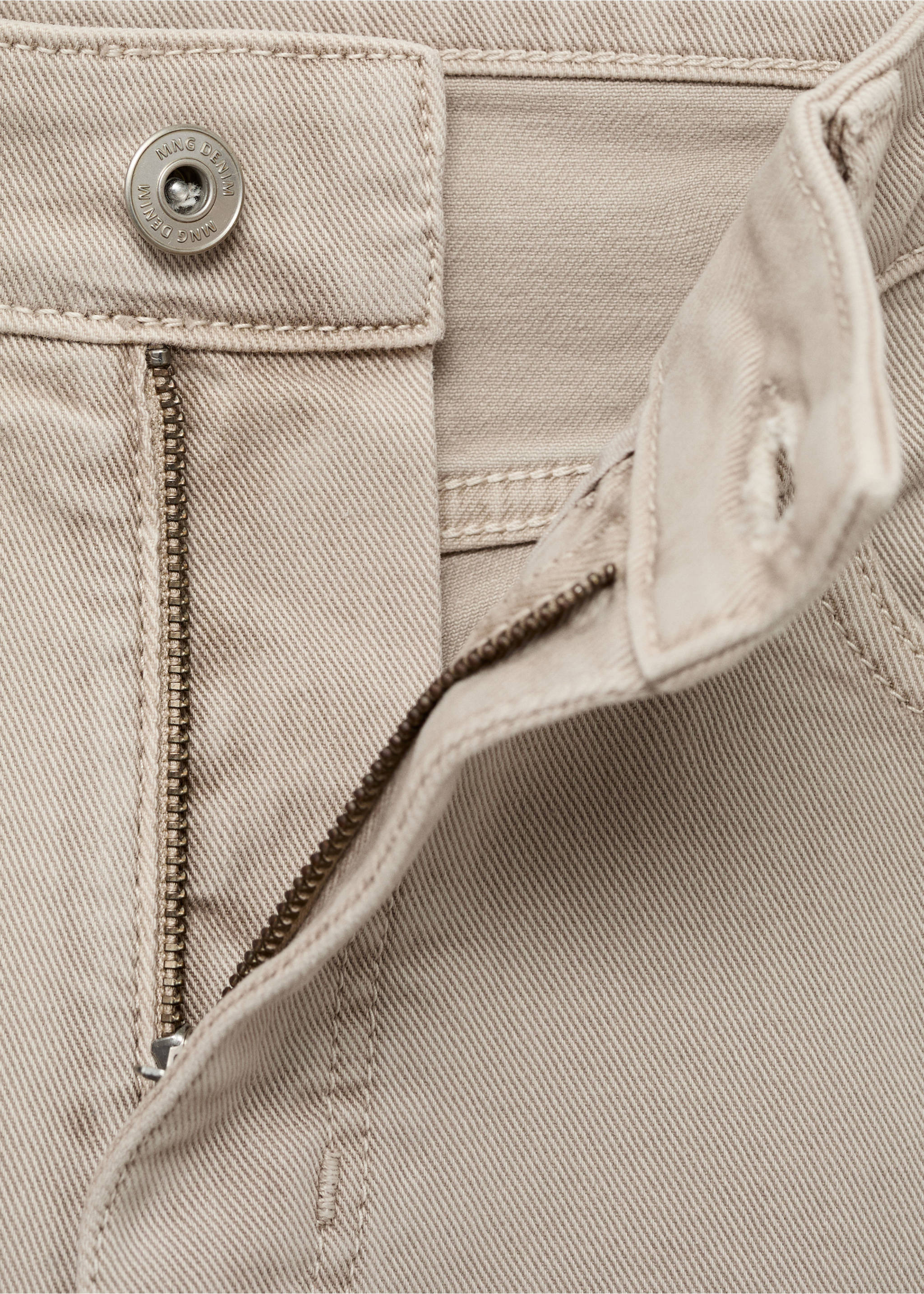 Close-up of beige denim bermuda shorts button and zip fastening., Sand. Ref: 87007893-00.