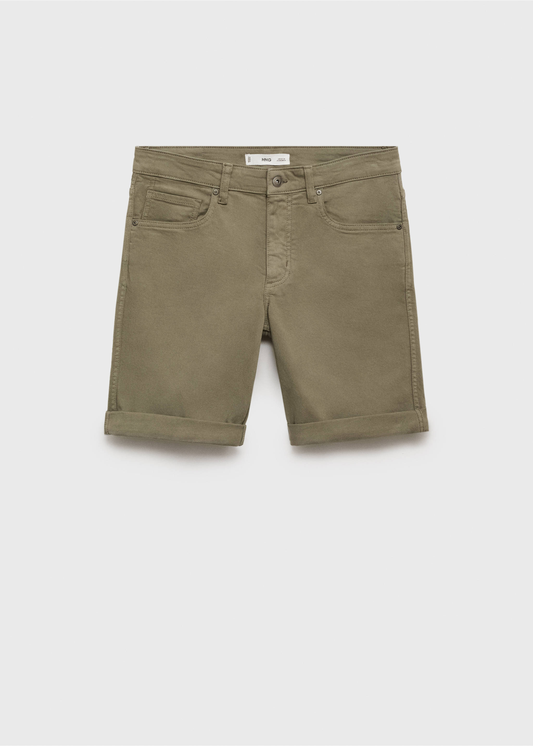 Khaki green bermuda shorts with a five-pocket design and rolled hems., Khaki. Ref: 87007893-00.