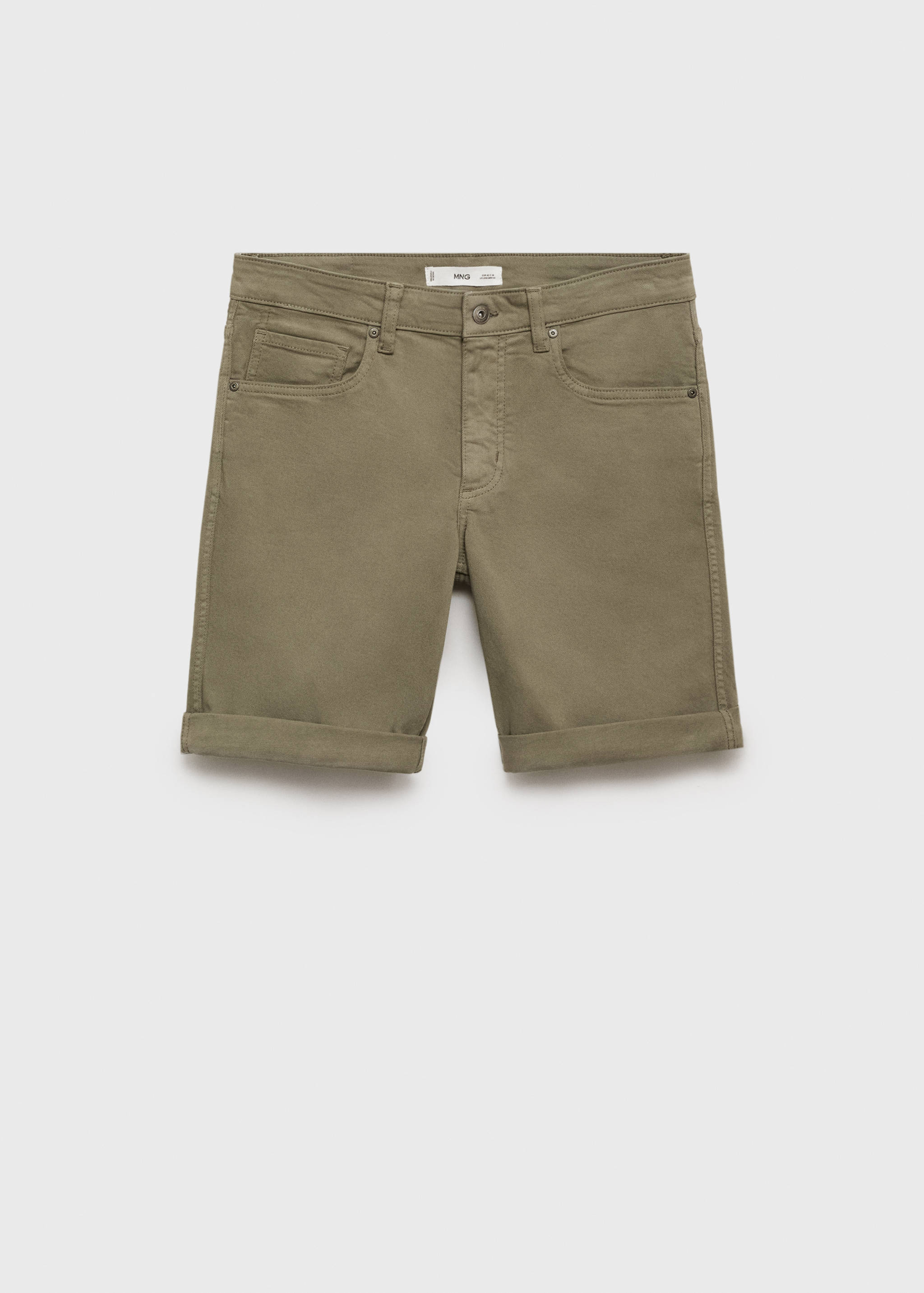 Khaki green bermuda shorts with a five-pocket design and rolled hems.
