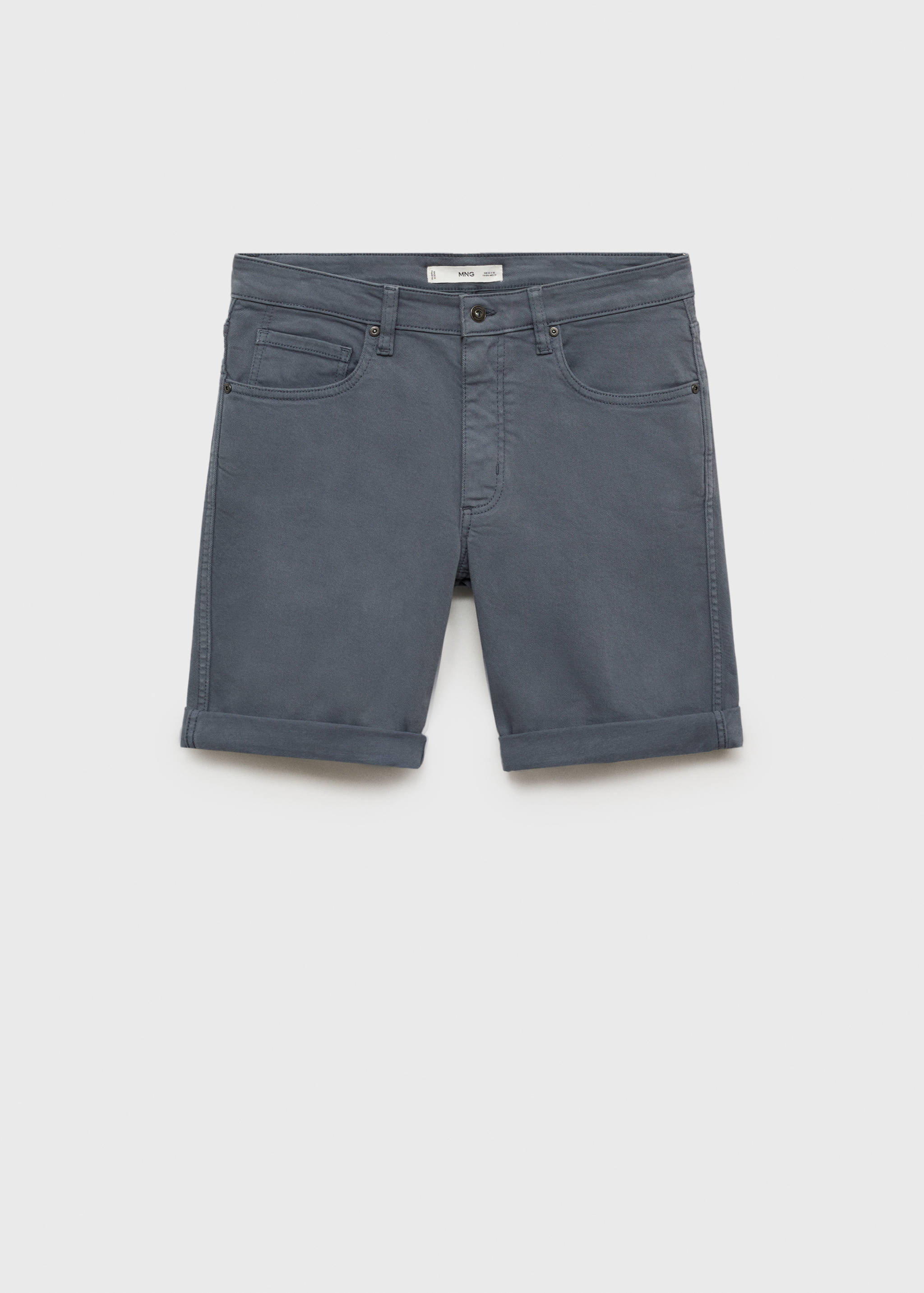 Dark grey men's bermuda shorts with turn-up cuffs and five-pocket styling.
