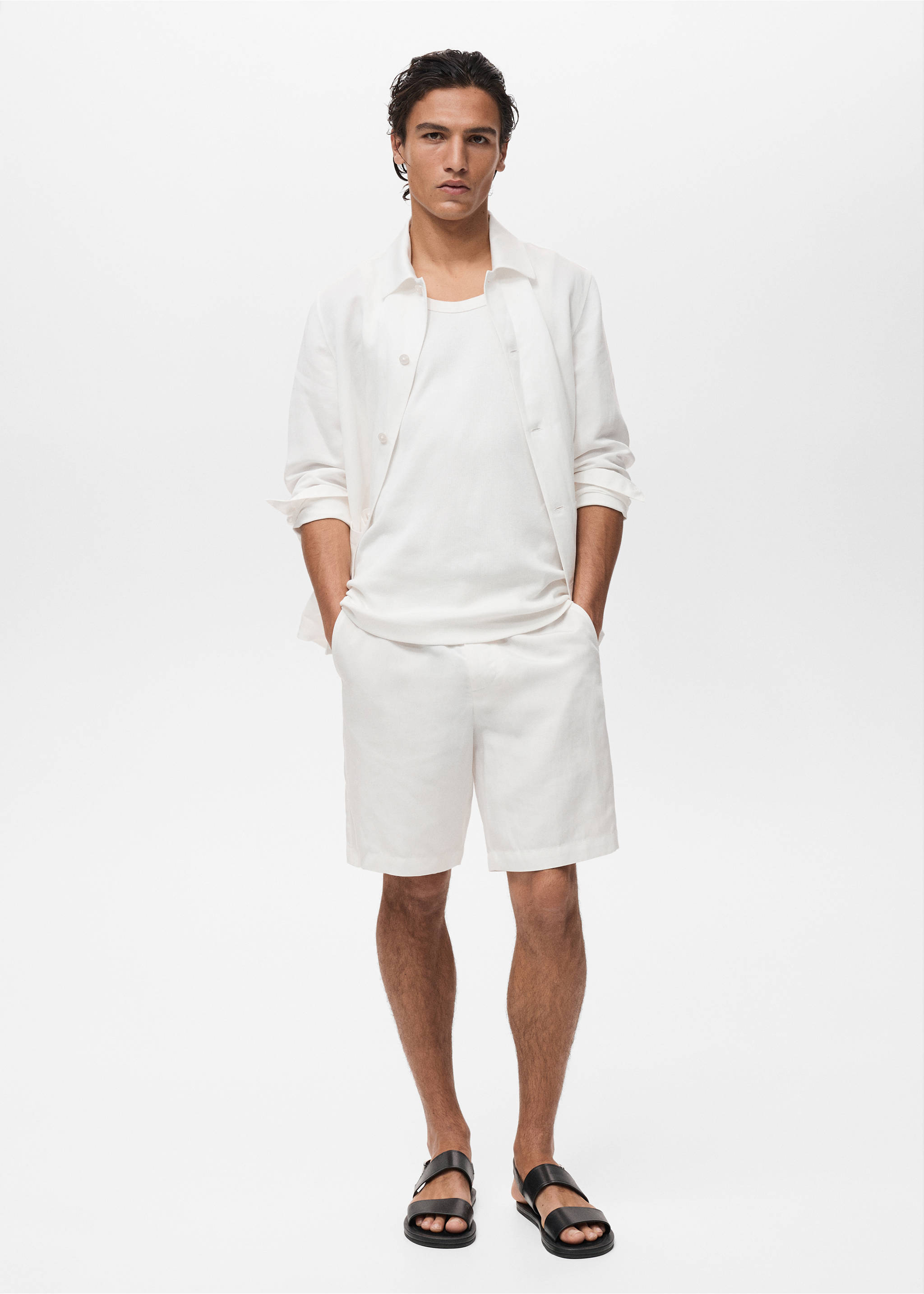 Slim-fit bermuda van linnen en lyocell - Overzichtstekening, Gebroken wit. Ref: 87007899-00.