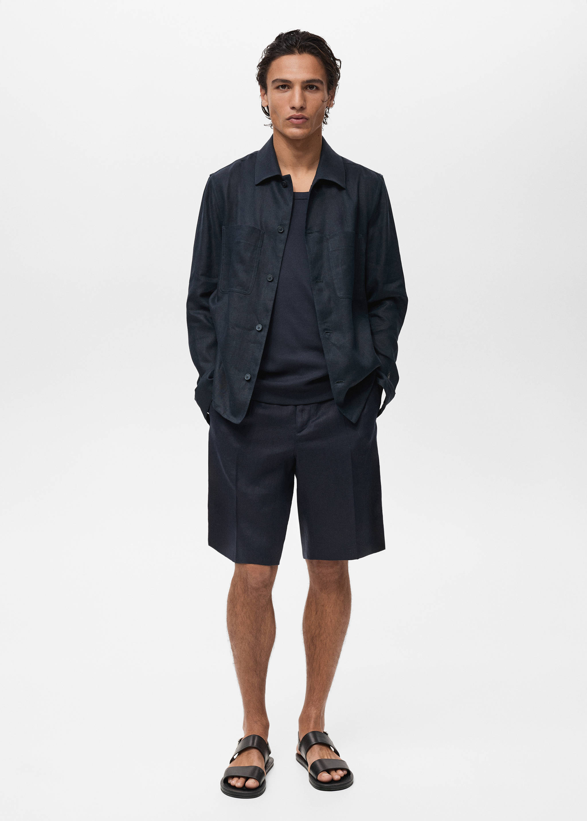 修身版型100%亚麻百慕大短裤 - null