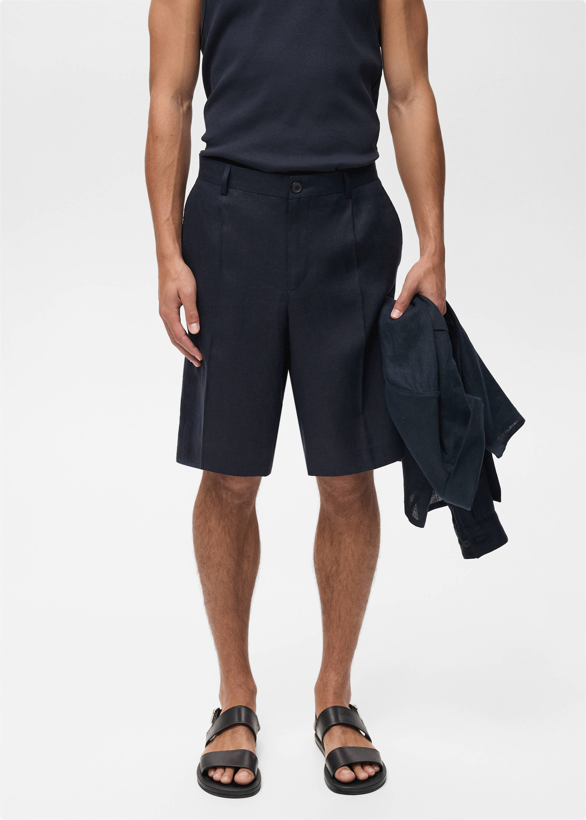 修身版型100%亚麻百慕大短裤 - null