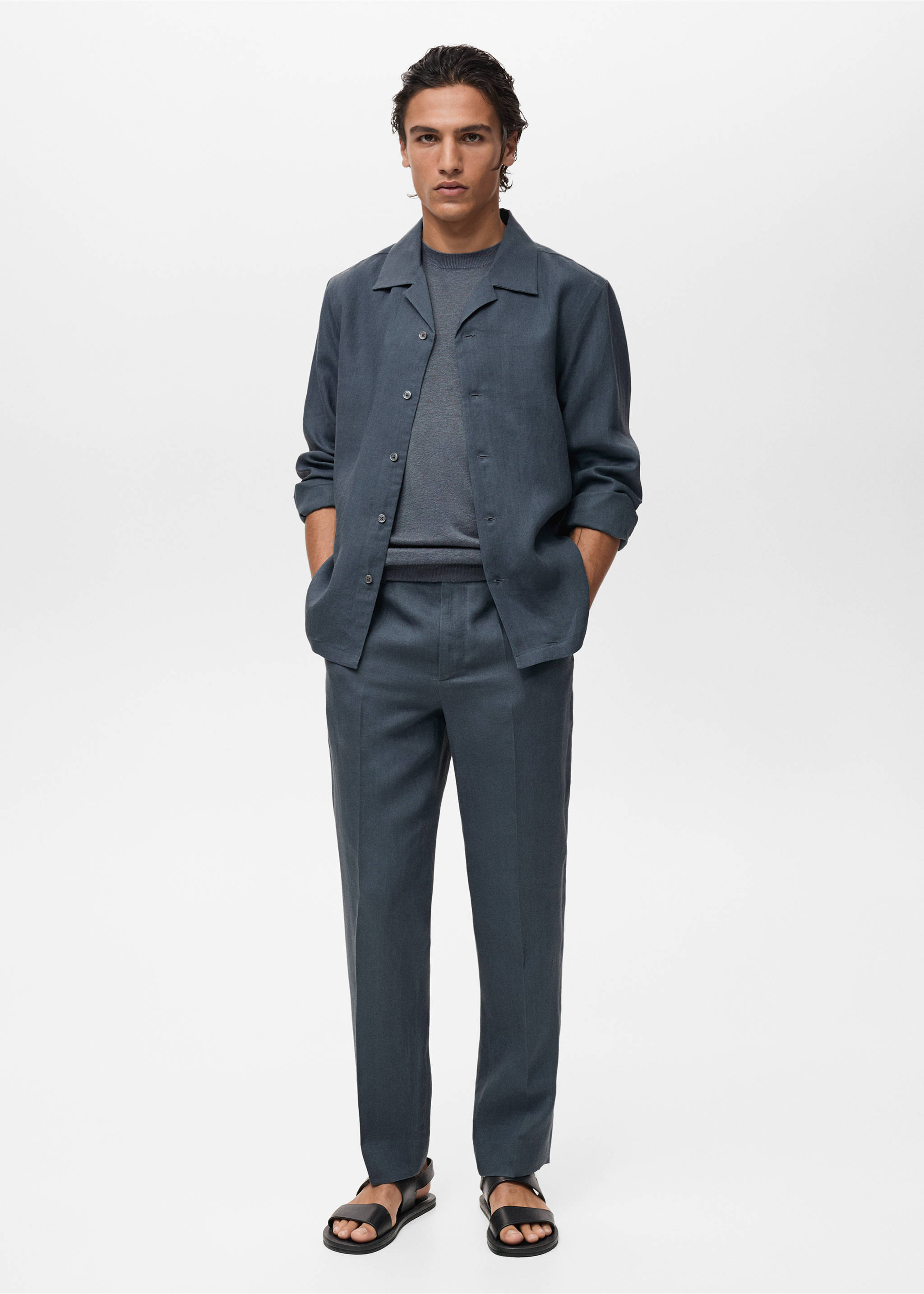100% linen bowling-collar shirt - General plane, Petrol Blue. Ref: 87007909-00.
