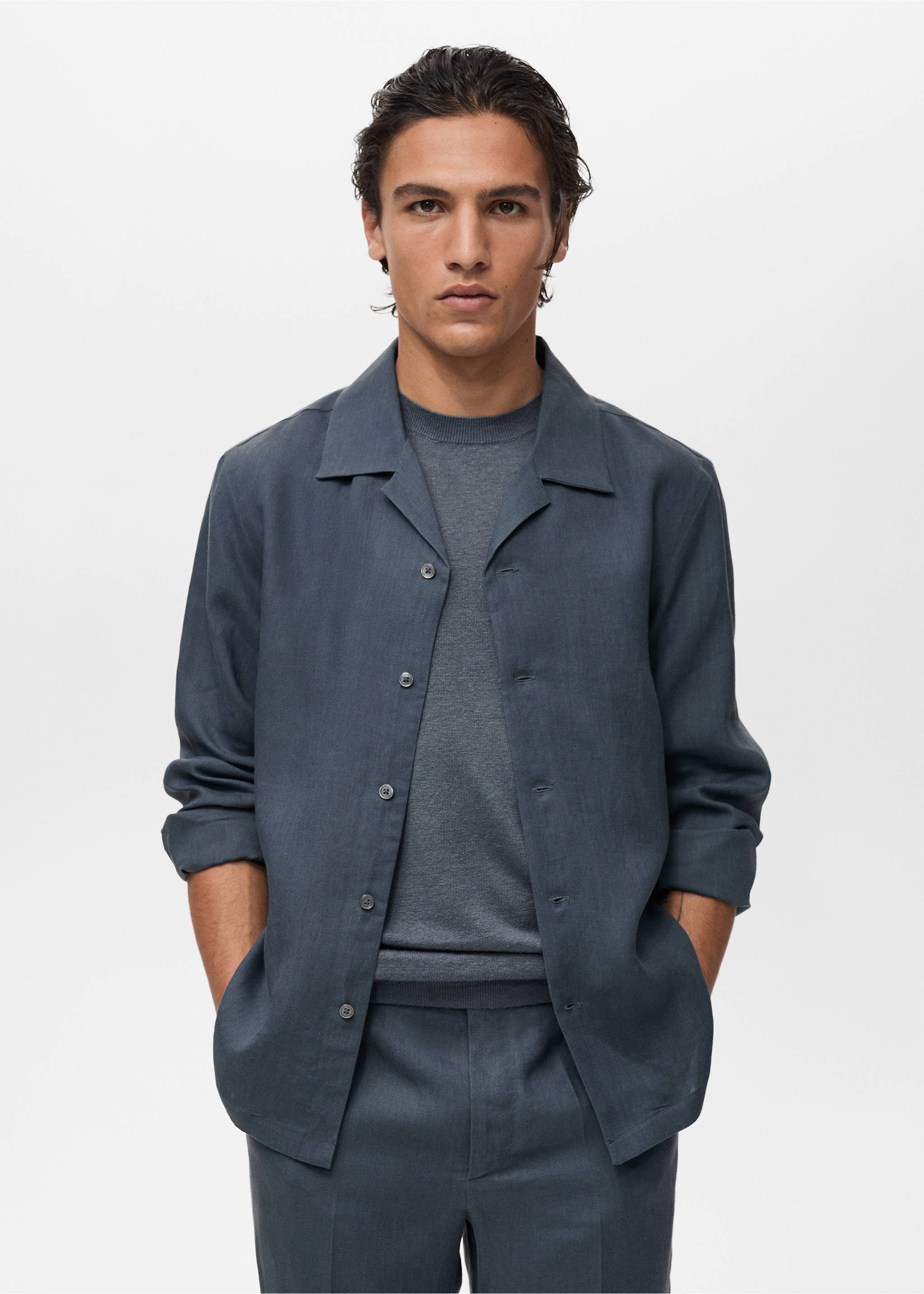 100% linen bowling-collar shirt - Medium plane, Petrol Blue. Ref: 87007909-00.