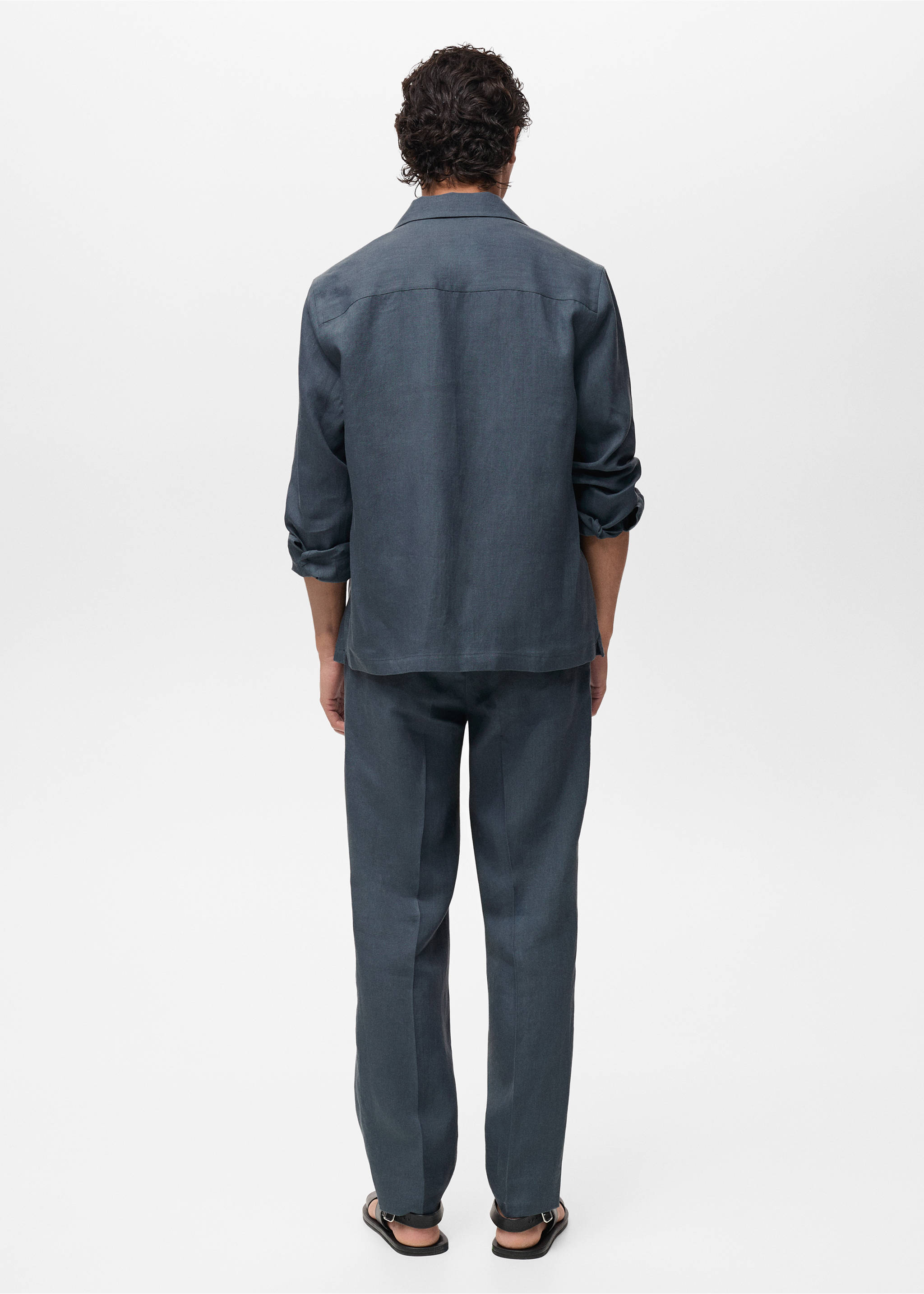 100% linen bowling-collar shirt - Reverse of the article, Petrol Blue. Ref: 87007909-00.