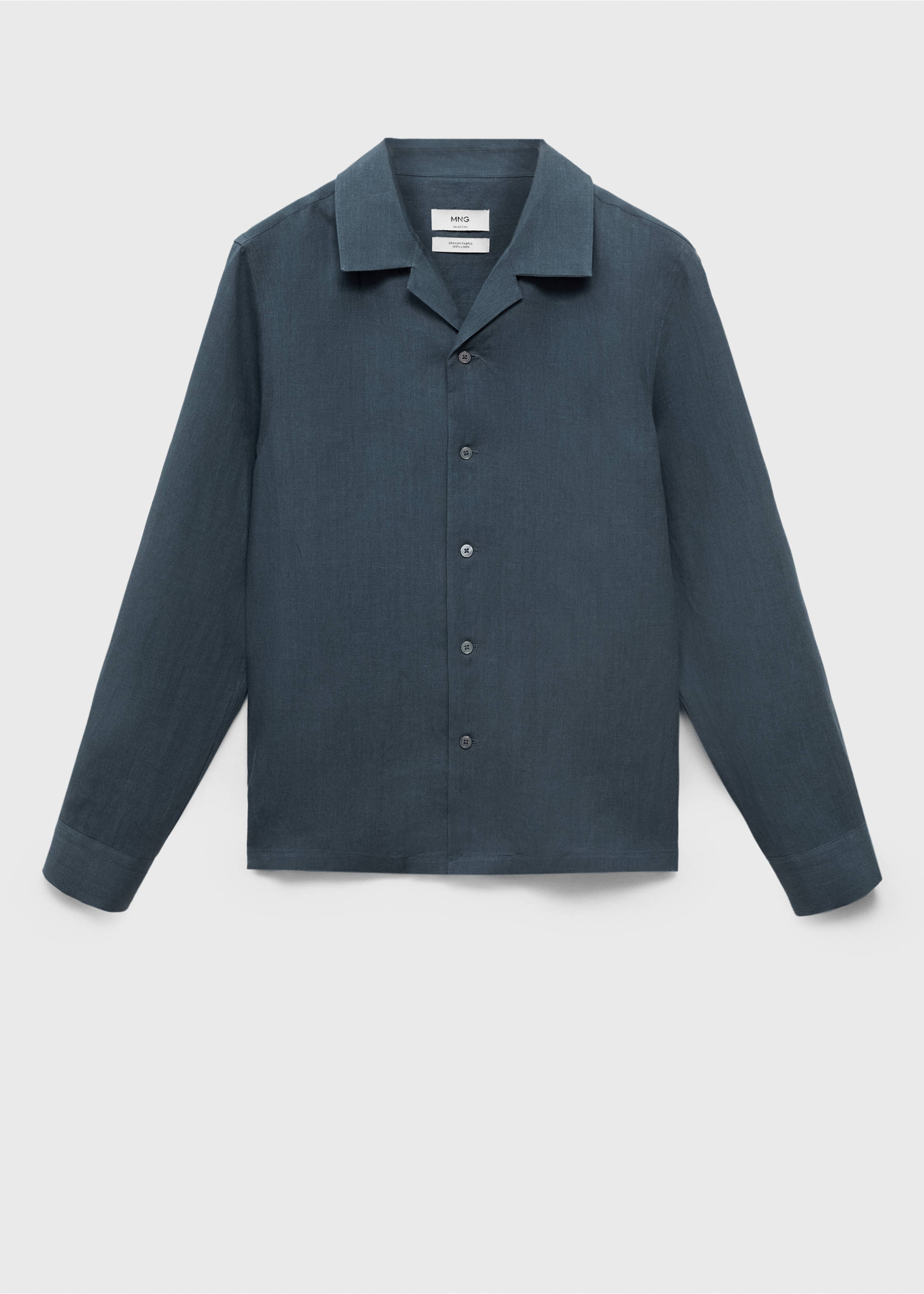 100% linen bowling-collar shirt - Article without model, Petrol Blue. Ref: 87007909-00.