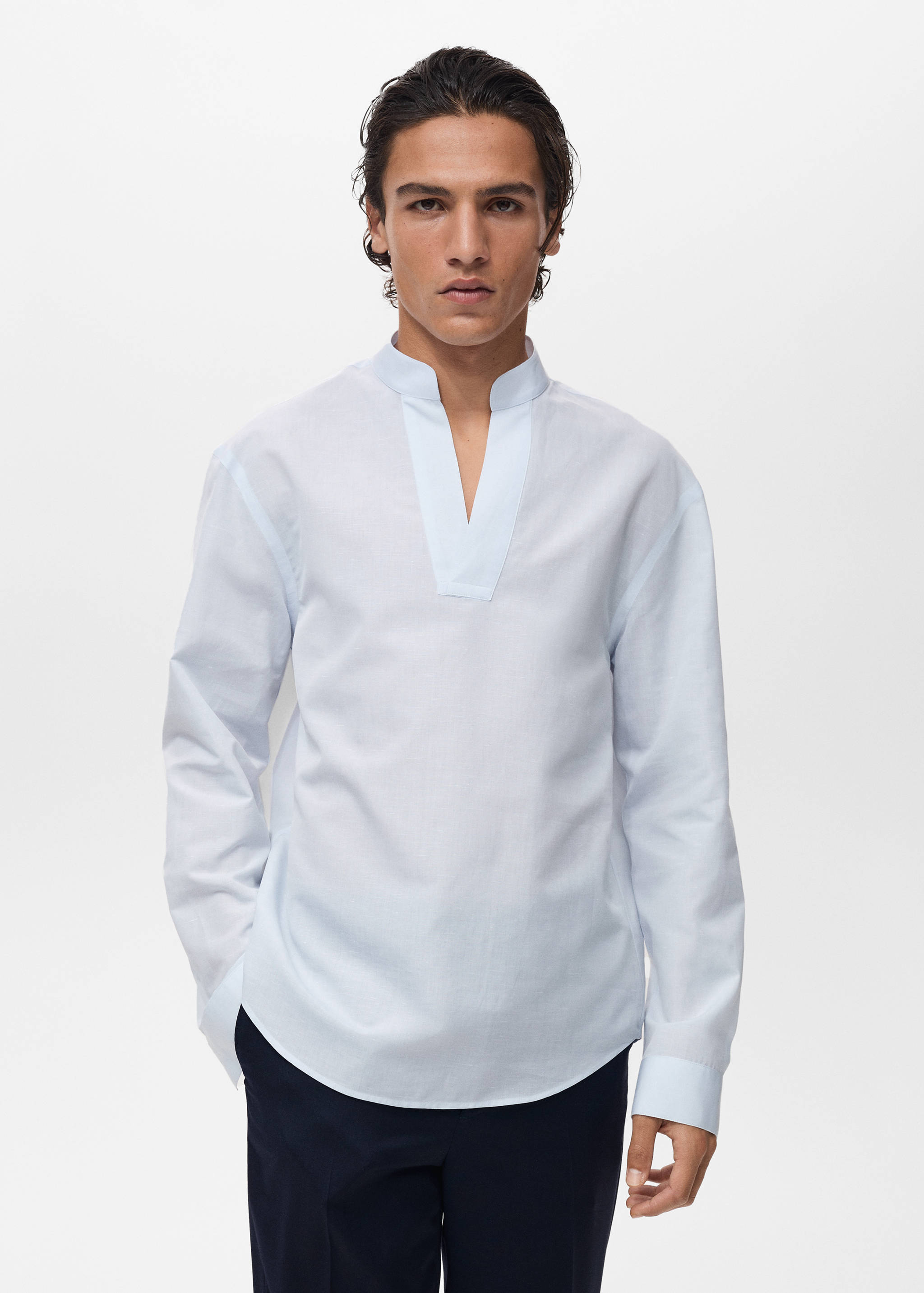 Linen-blend shirt with mandarin collar - Medium plane