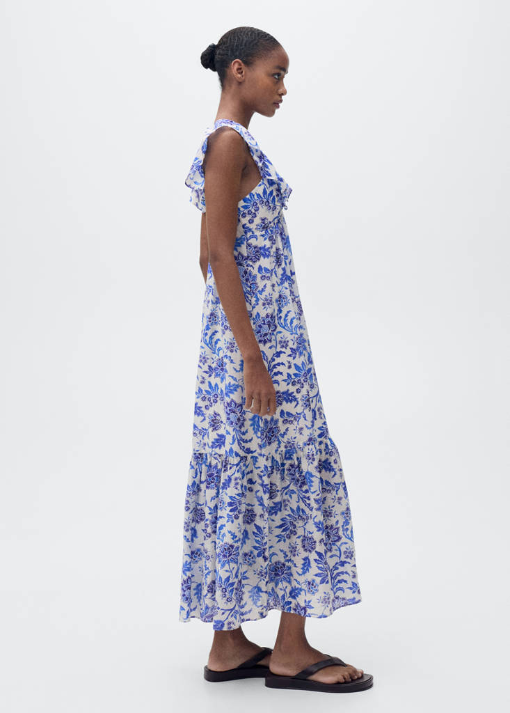 MANGO - Robe à fleurs volantée bleu - M