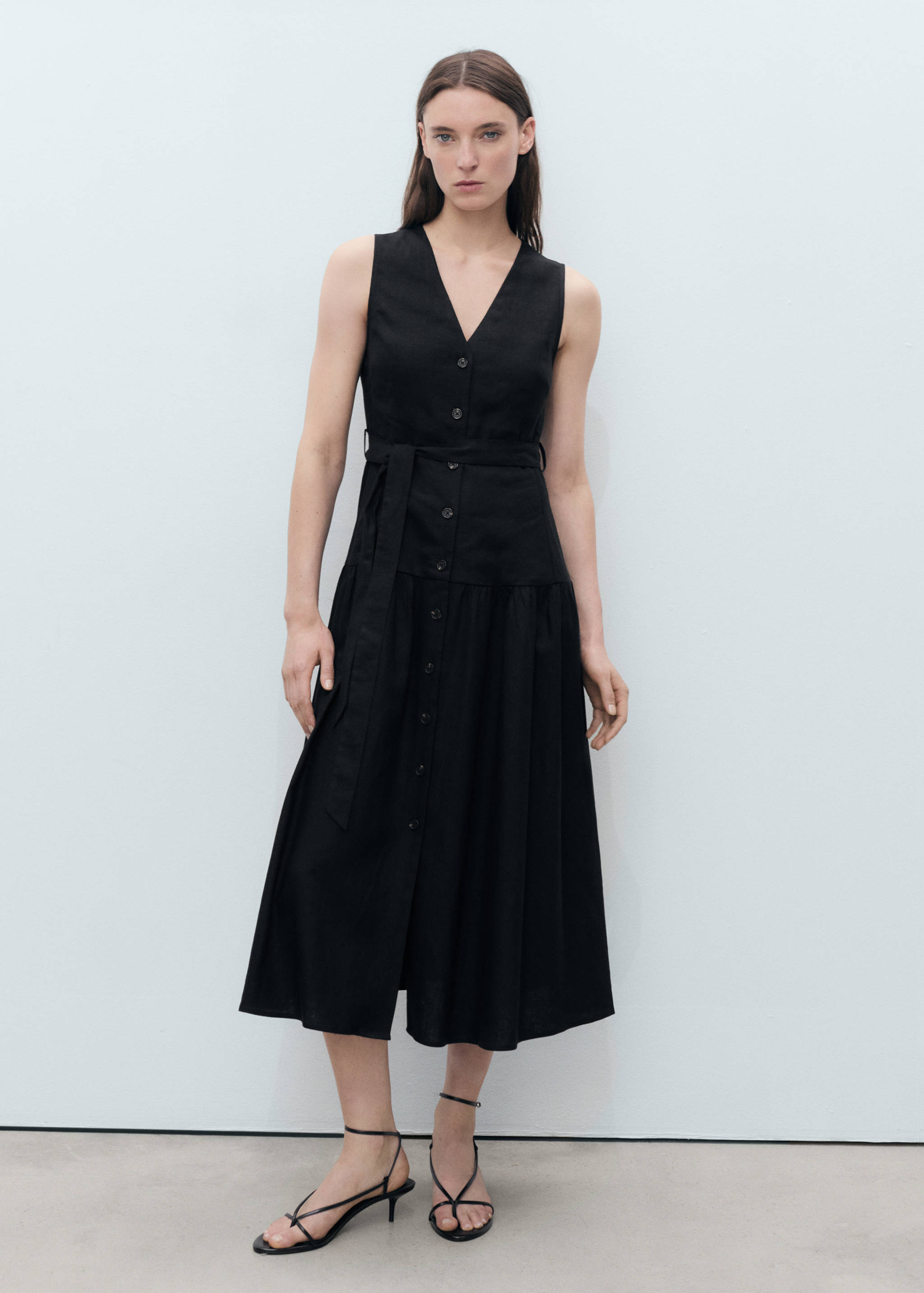 Linen midi-dress with belt - General plane
