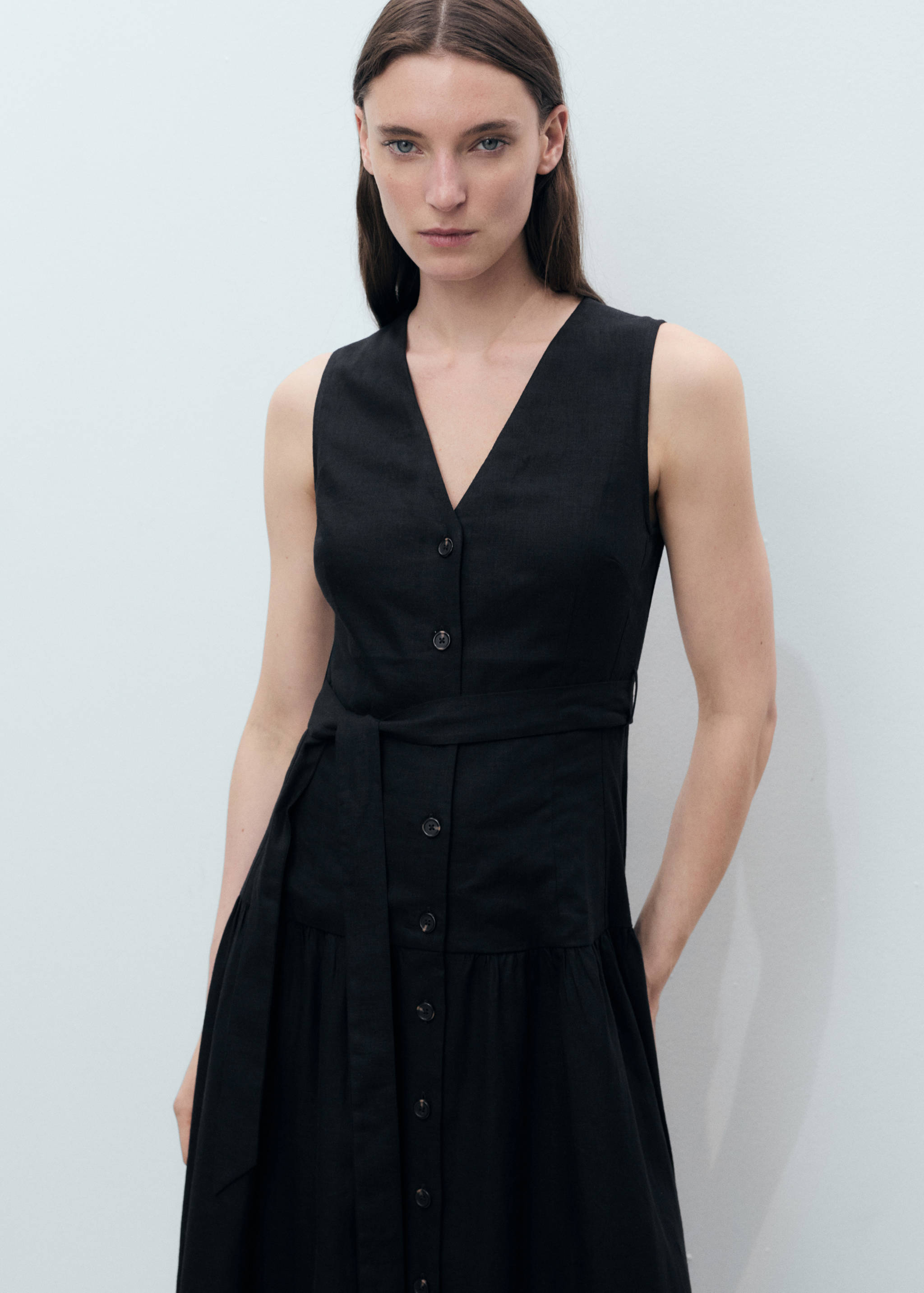 Linen midi-dress with belt - Medium plane