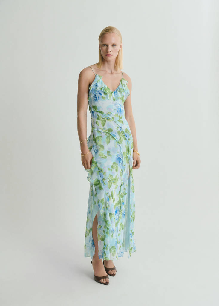 MANGO - Robe à fleurs volantée bleu ciel - XL