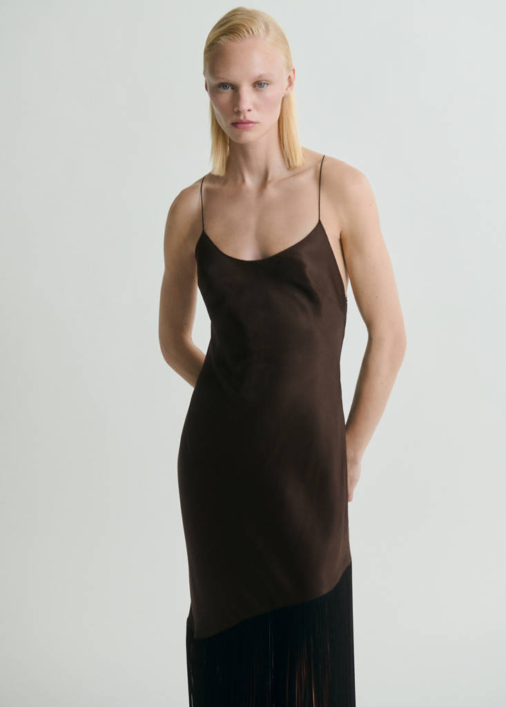 Asymmetrical satin dress with fringes - Women