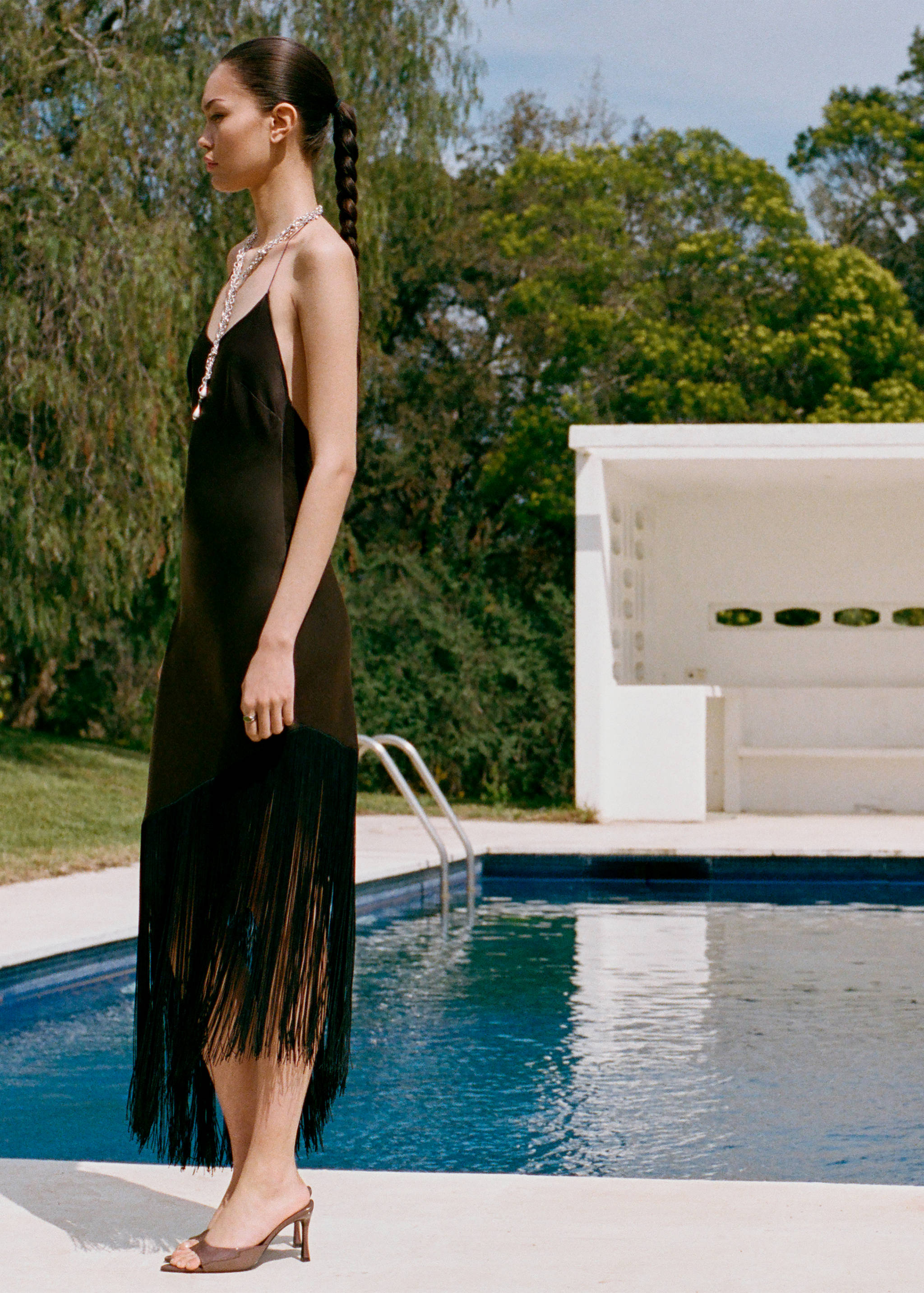 Asymmetrical satin dress with fringes - Details of the article 7