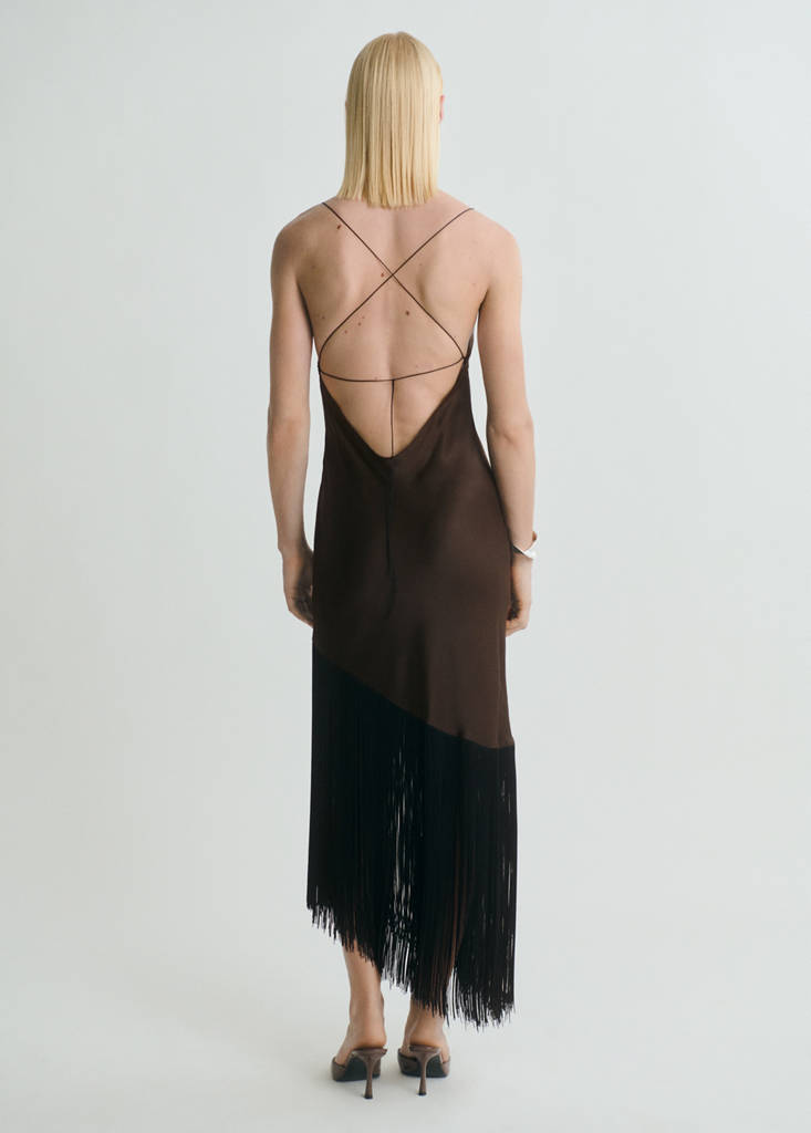 mango scoop neck satin dress with fringed hem in brown Mango scoop neck satin dress with fringed hem in brown