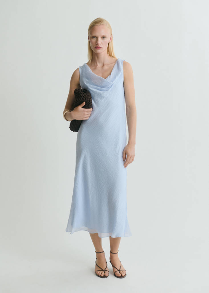 MANGO - Robe midi encolure drapée bleu ciel - XS