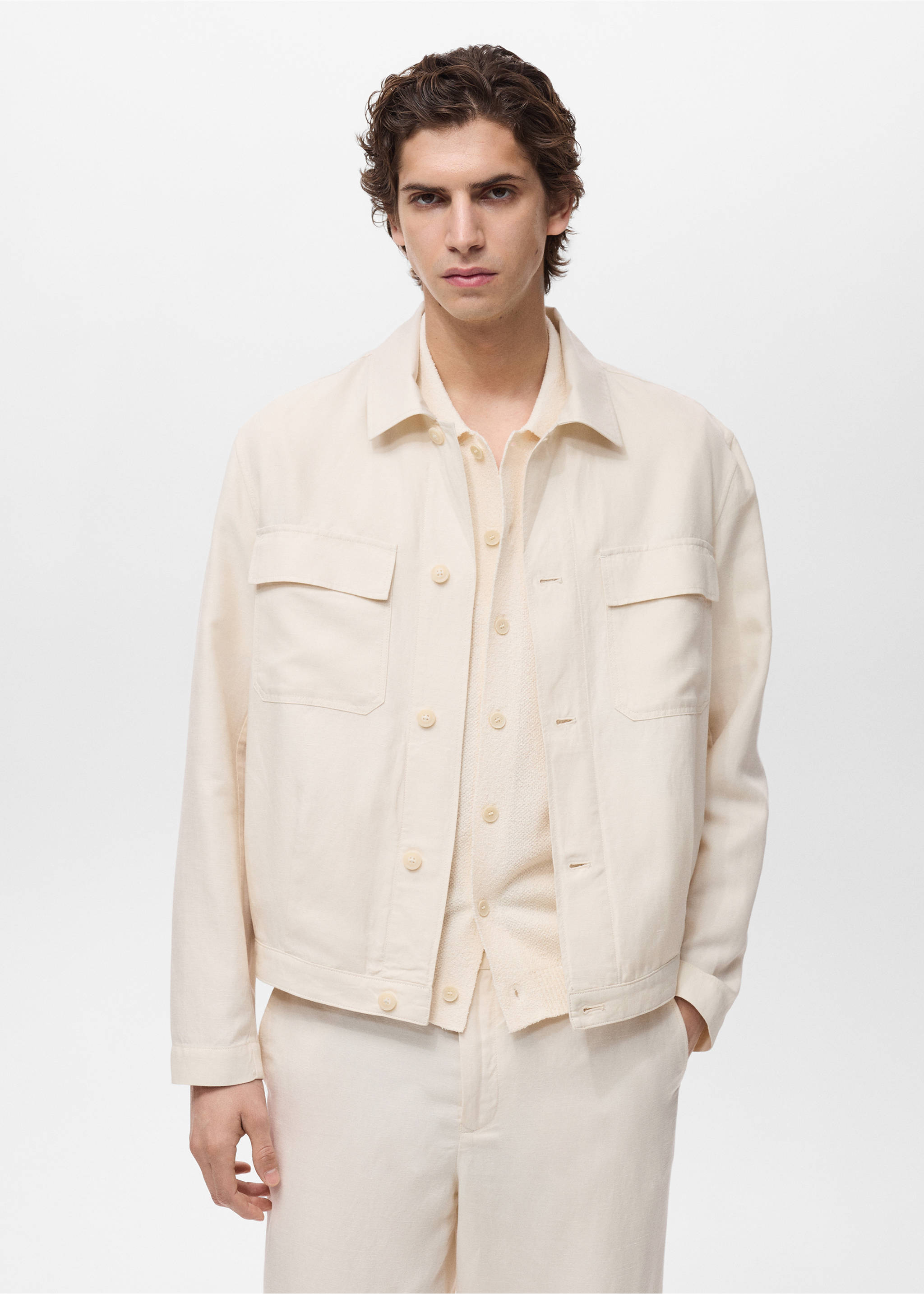 Bowlingovershirt van een linnenblend - Middenvlak, Ivoorwit. Ref: 87009208-00.