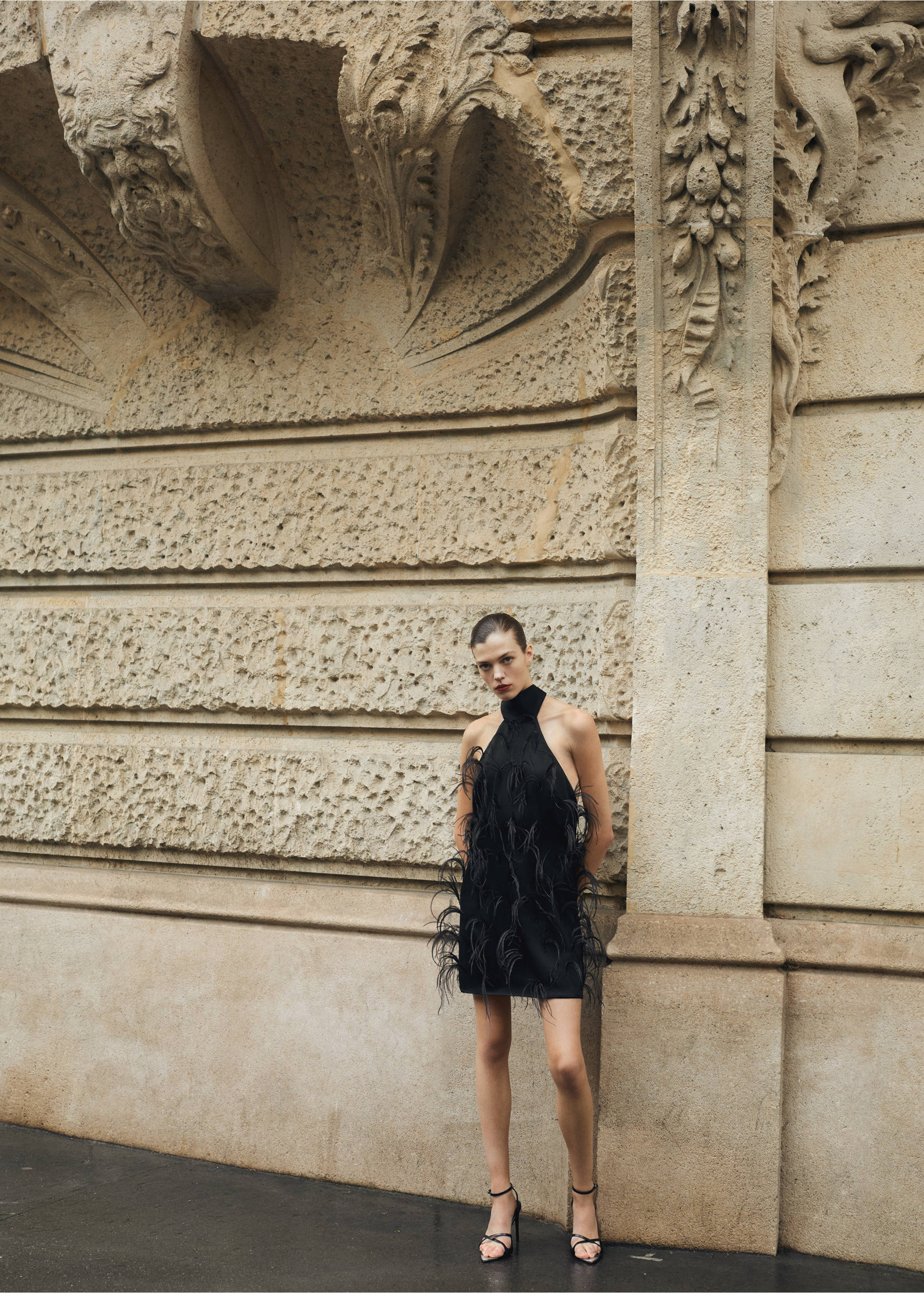 Halter dress with feather decoration - General plane, Black. Ref: 87010271-00.