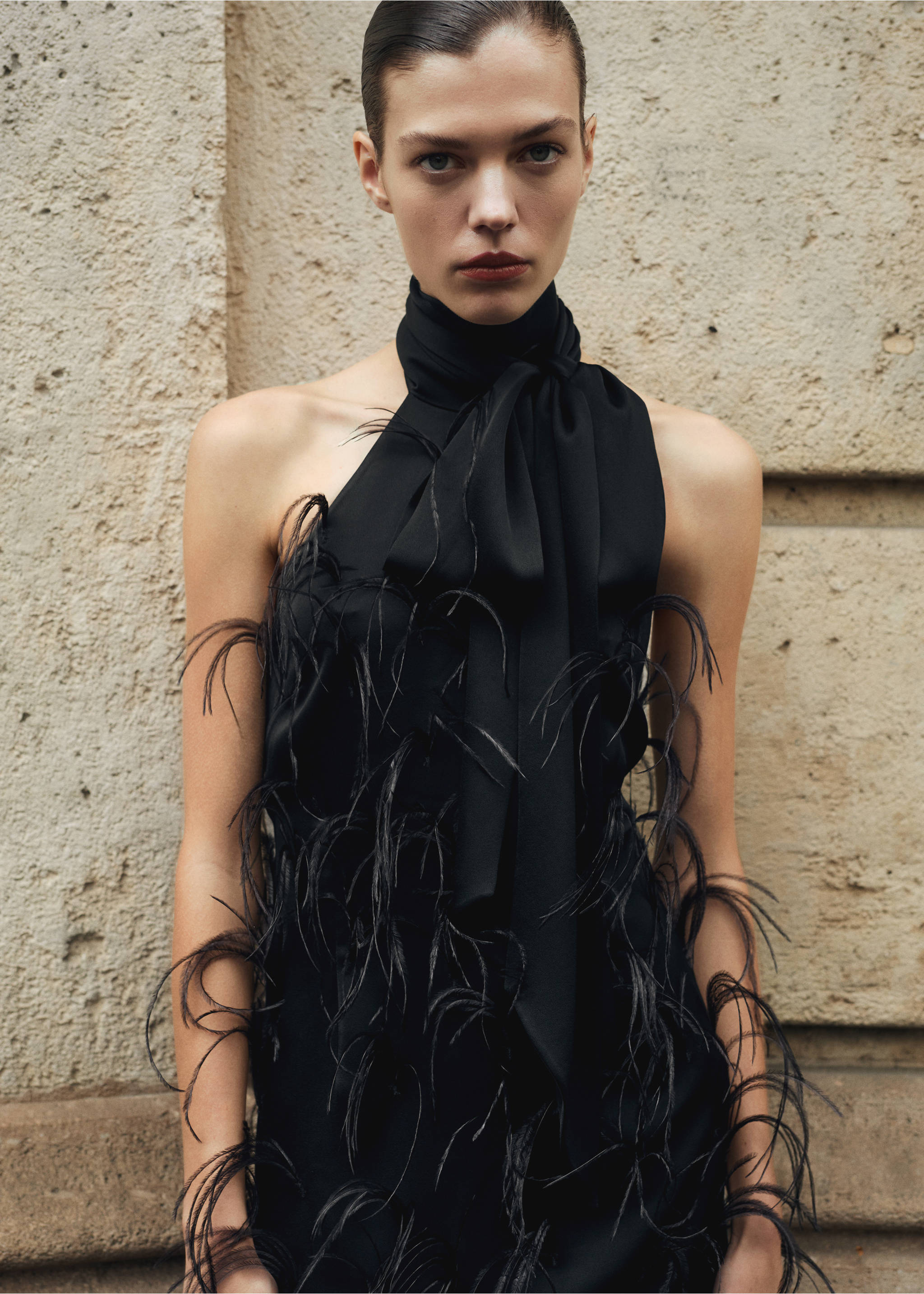 Halter dress with feather decoration - Medium plane, Black. Ref: 87010271-00.