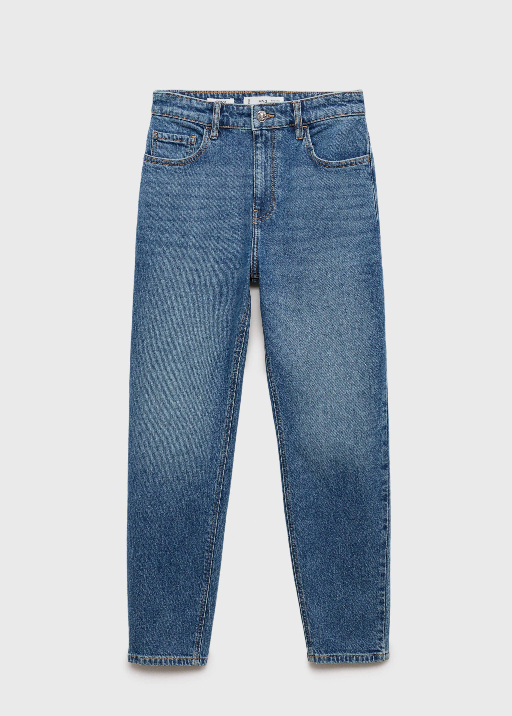 Blue denim trousers with a high-rise waist and classic five-pocket styling.