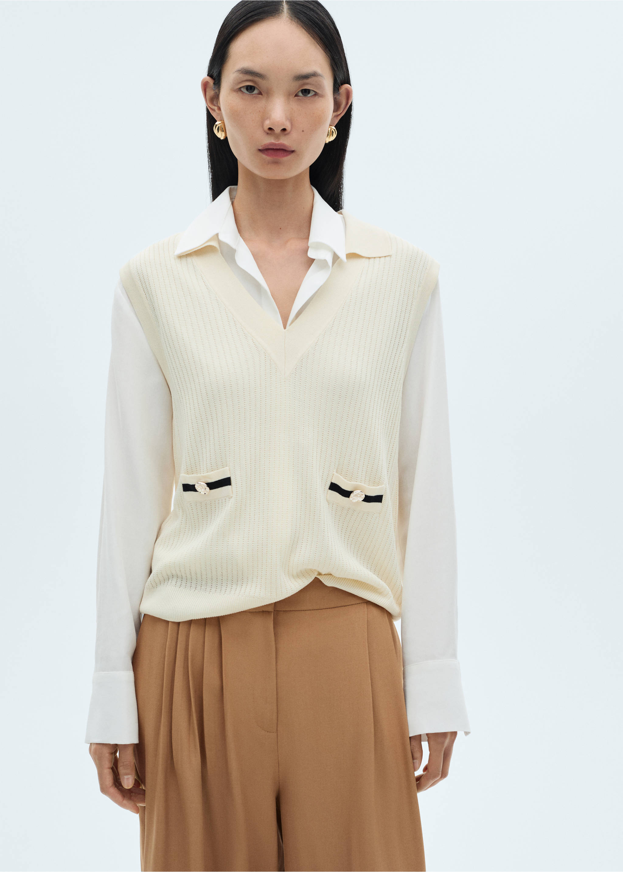 Wide leg pleated trousers - Details of the article 1, Medium Brown. Ref: 87010593-00.