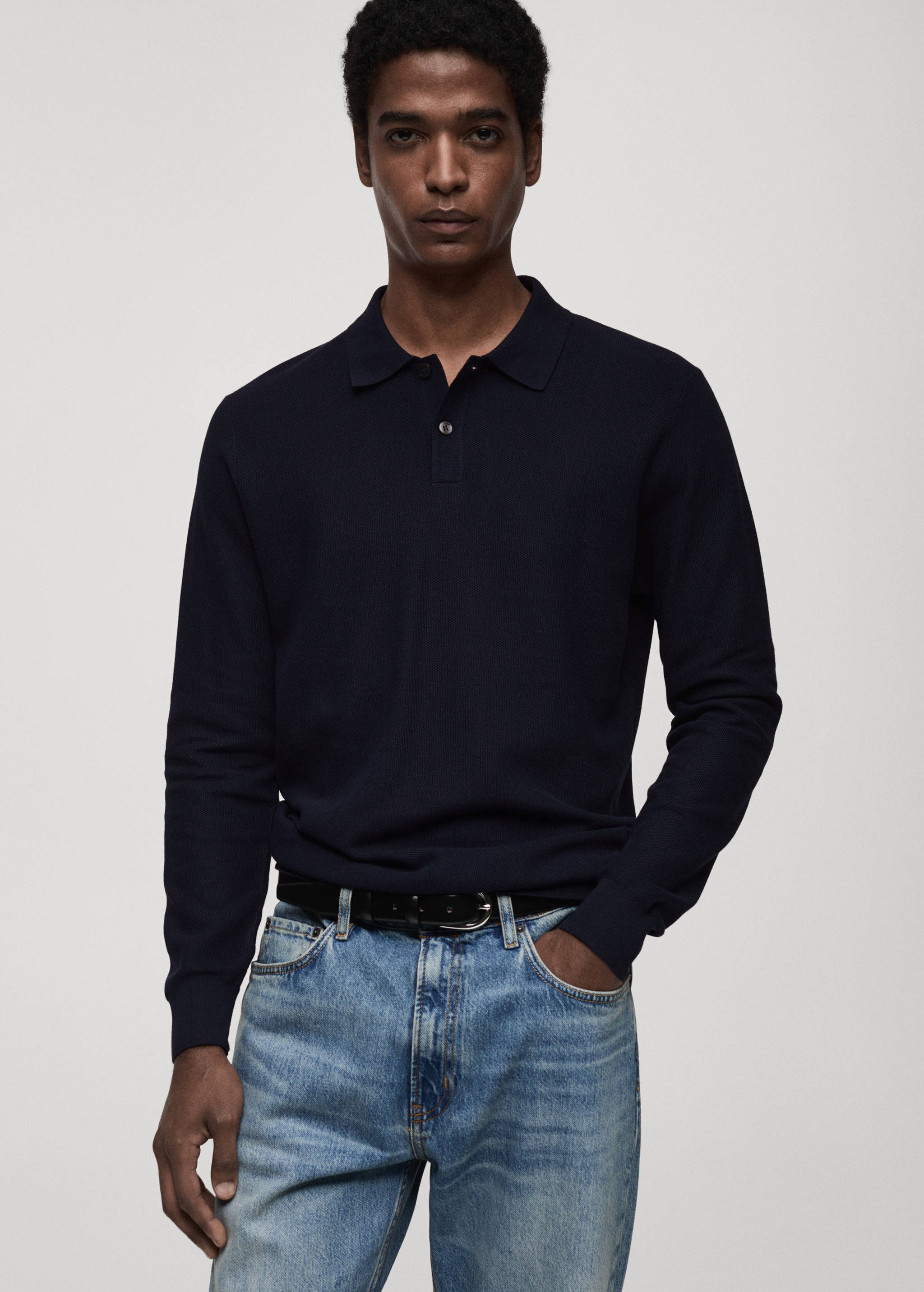 Micro-structured cotton knitted polo shirt - Medium plane