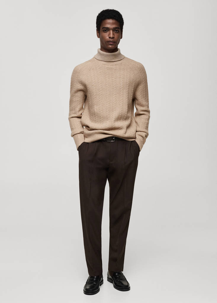 MANGO MAN - Pull-over maille torsadée col montant beige - XL