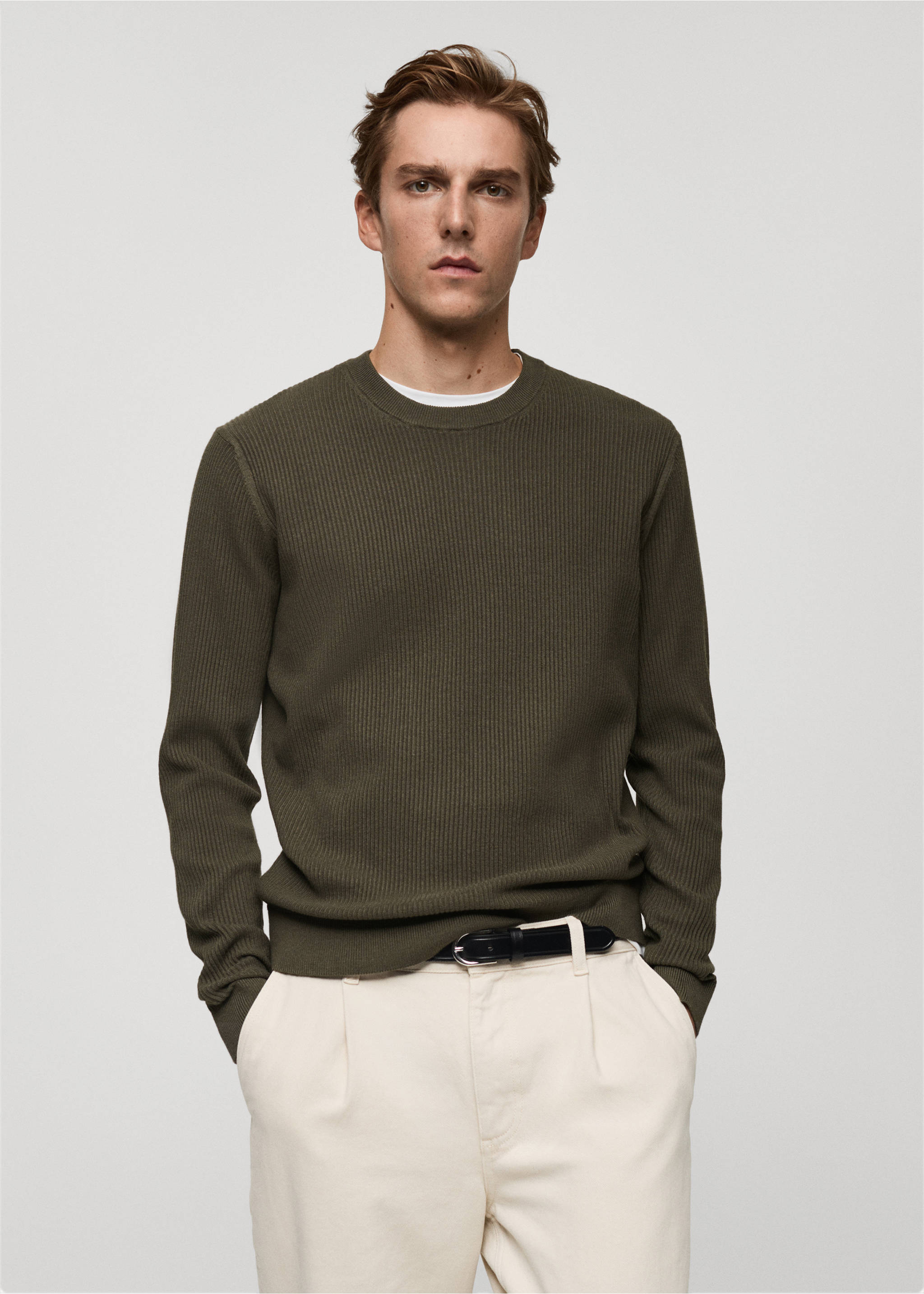 Fine rib-knit cotton sweater - Medium plane, Khaki. Ref: 87010610-00.